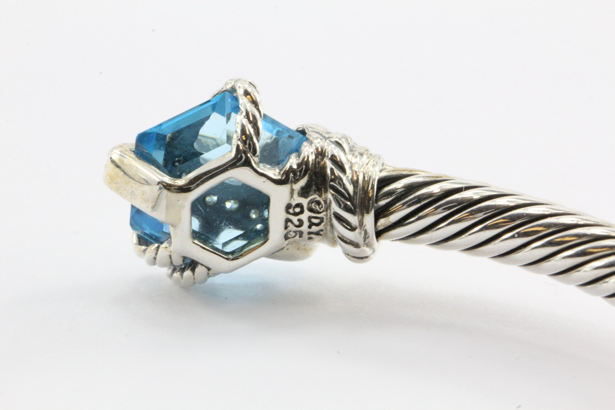 David Yurman Sterling Silver Cable Wrap with Blue Topaz Diamond Cuff Bracelet - Queen May