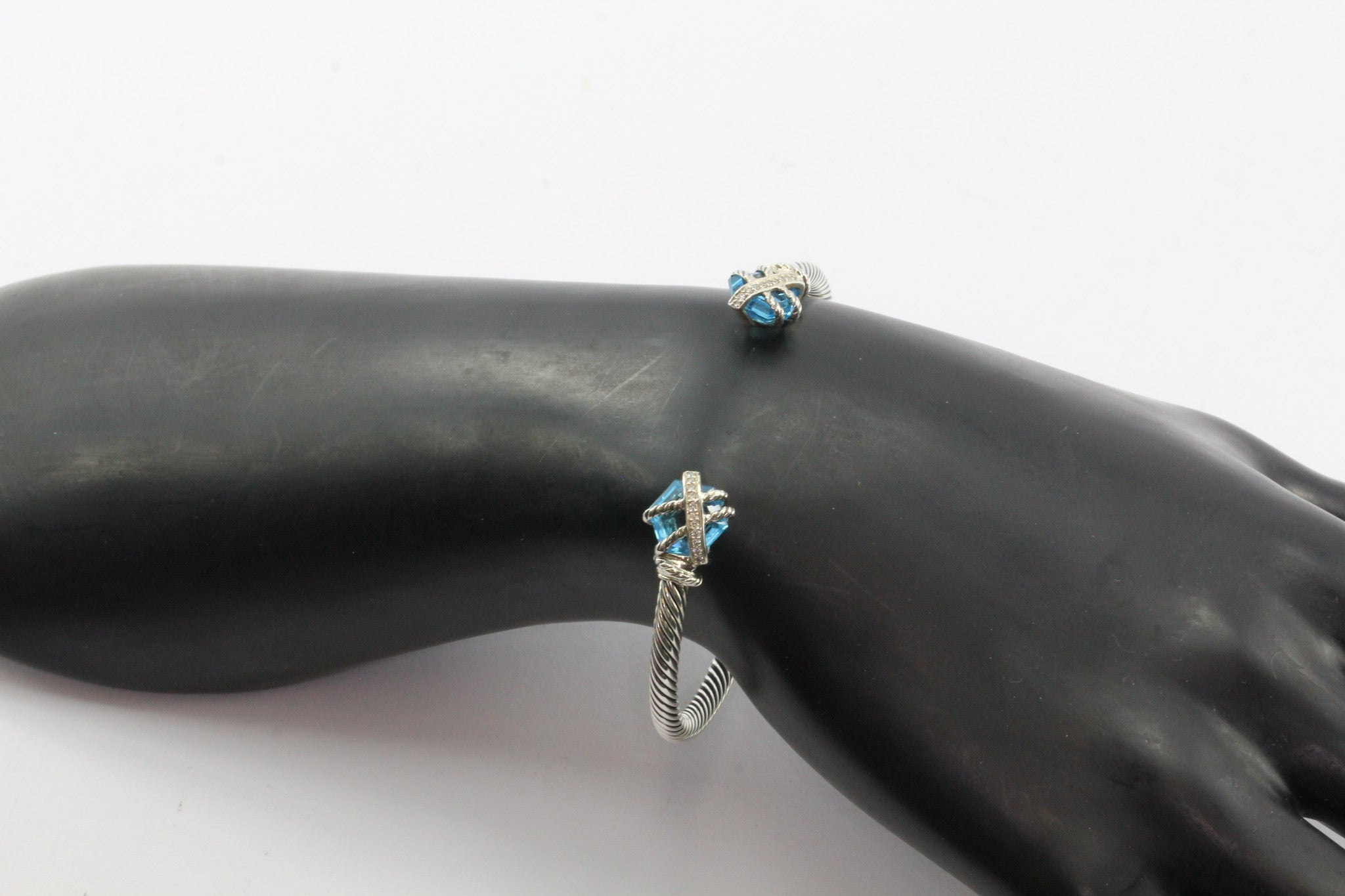 David Yurman Sterling Silver Cable Wrap with Blue Topaz Diamond Cuff Bracelet - Queen May