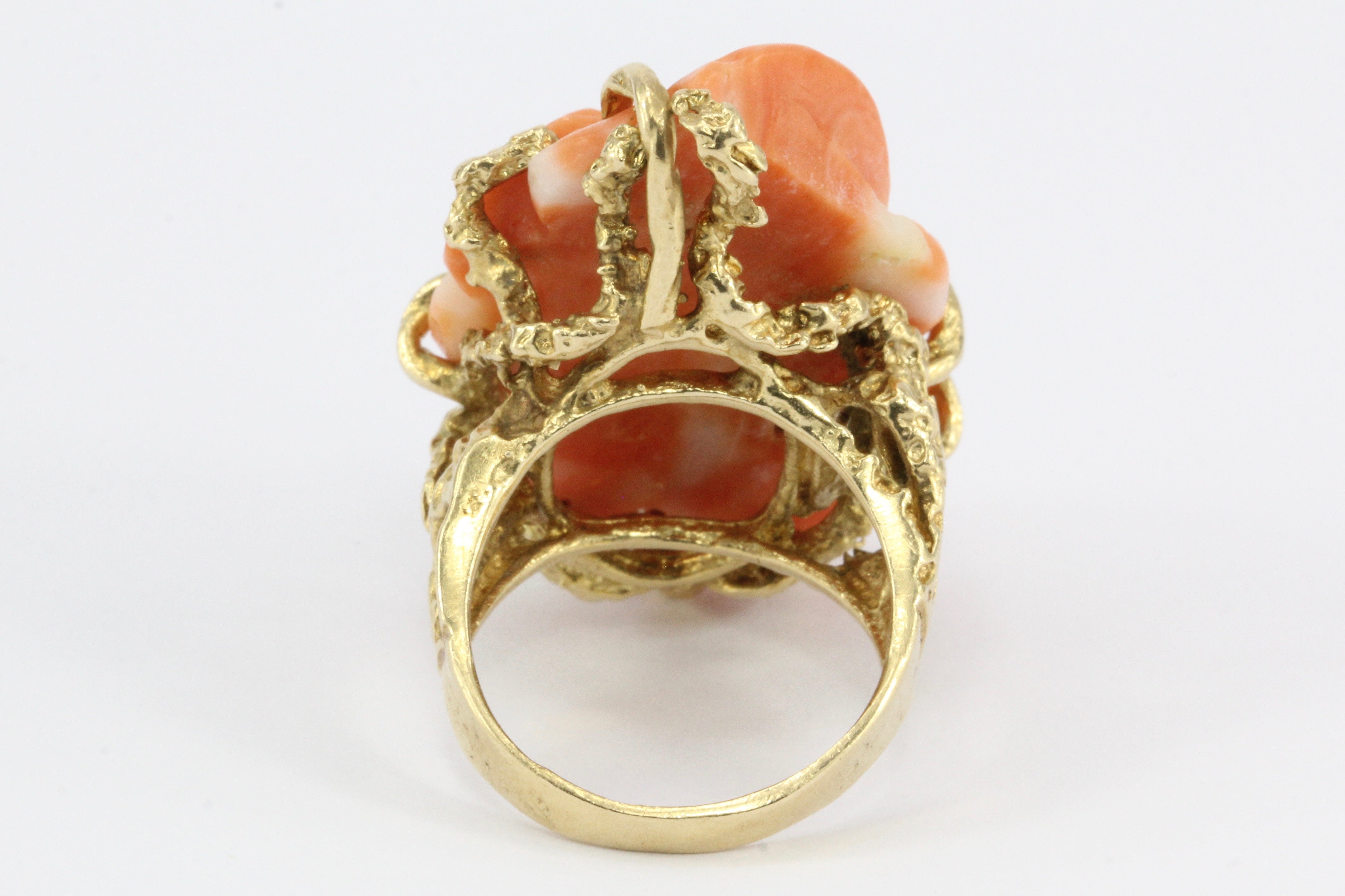 Retro 14K Yellow Gold Coral Carved Flower Cocktail Ring Size 7 - Queen May