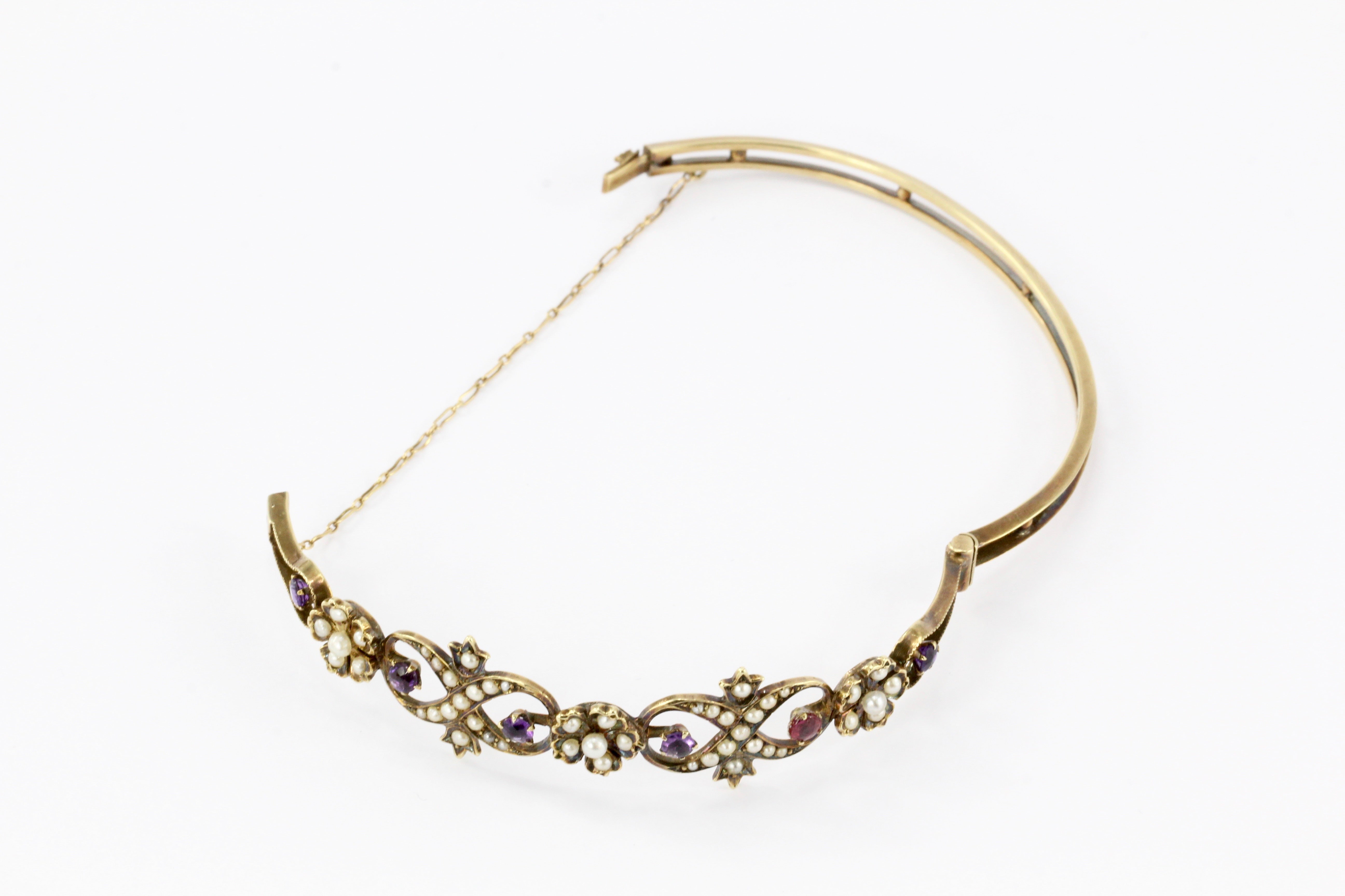 Victorian 14K Yellow Gold Amethyst Ruby & Seed Pearl Bangle Bracelet - Queen May