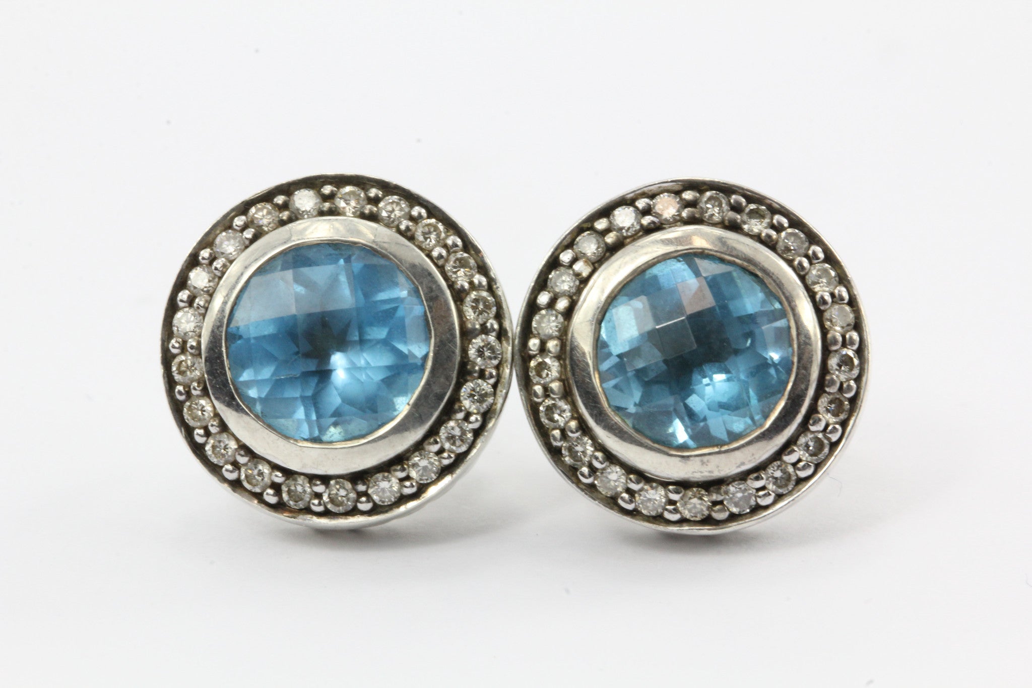 David Yurman Cerise Blue Topaz Diamond Round Earring Sterling Silver Studs - Queen May