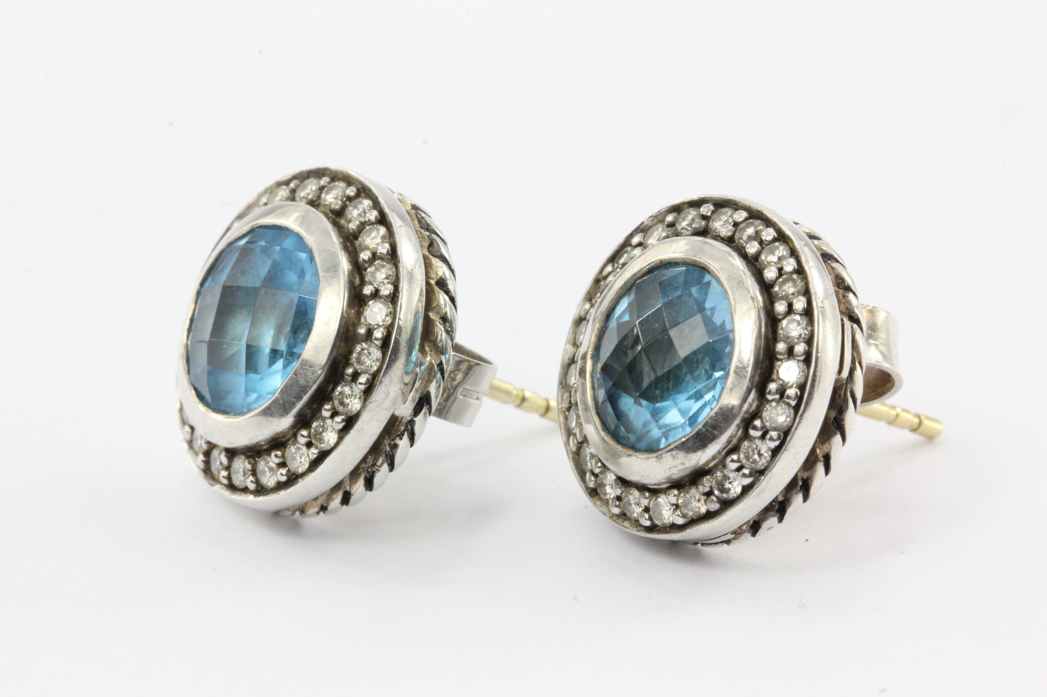 David Yurman Cerise Blue Topaz Diamond Round Earring Sterling Silver Studs - Queen May