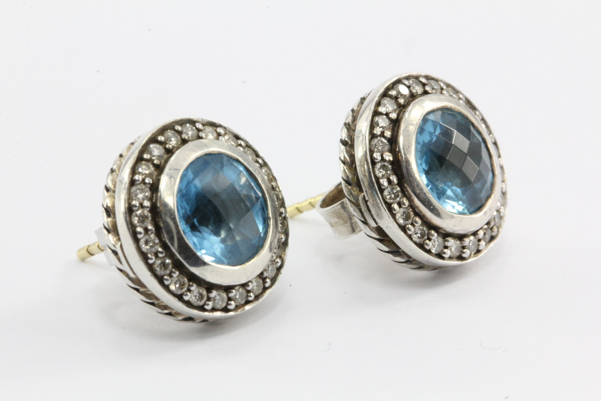 David Yurman Cerise Blue Topaz Diamond Round Earring Sterling Silver Studs - Queen May