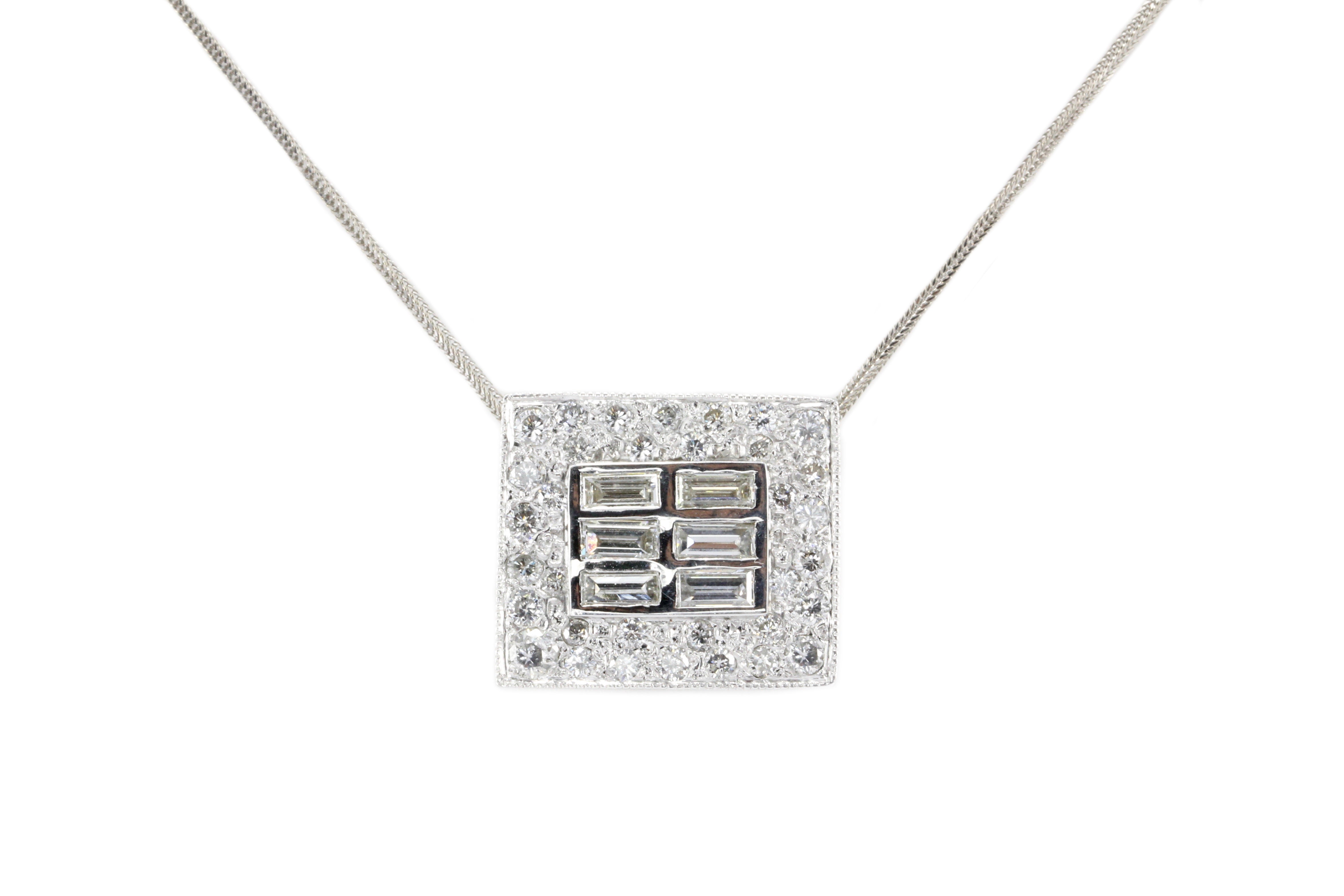 14K White Gold 2 CTW Baguette And Round Cut Diamond Necklace - Queen May