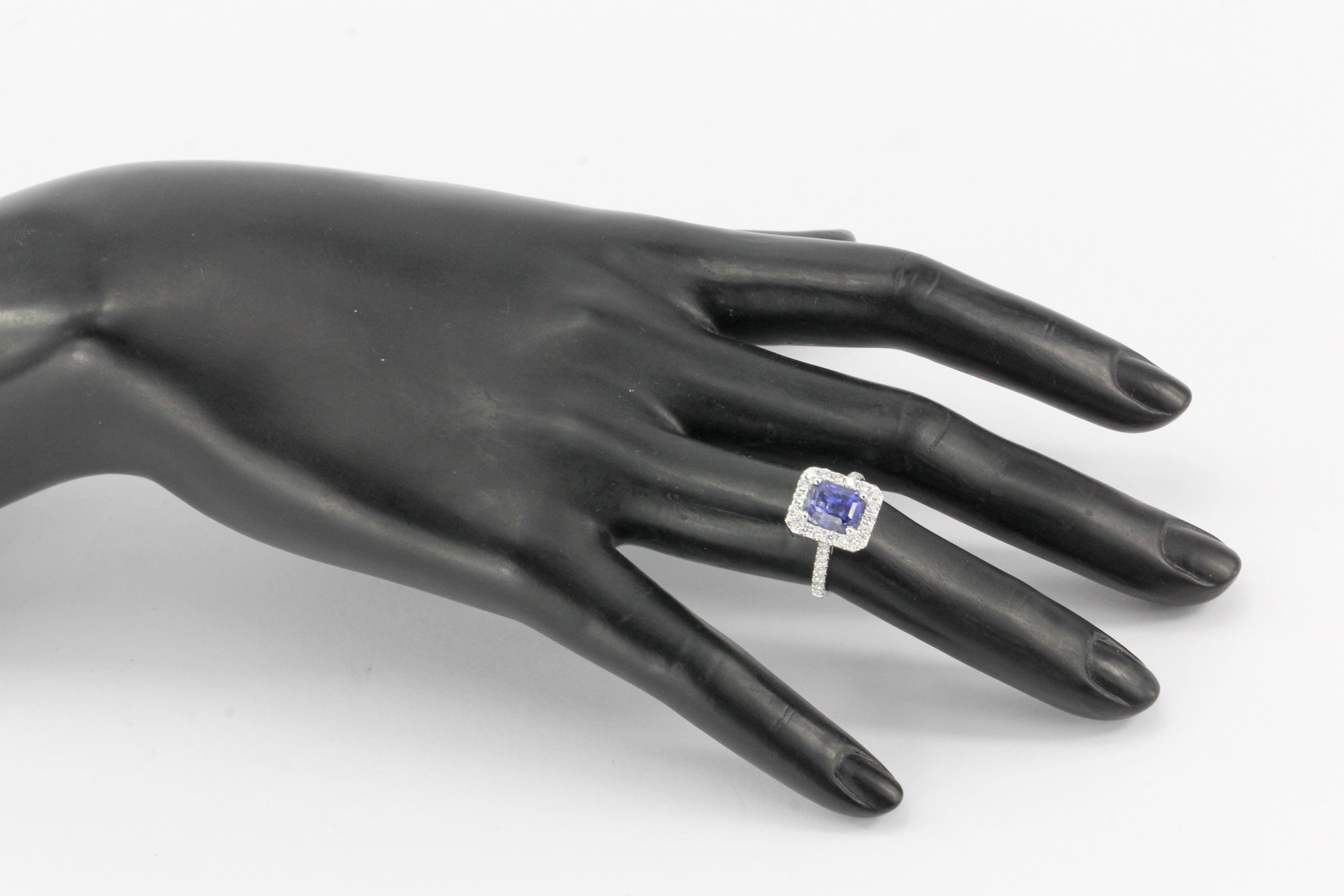 14K White Gold 3.97 Carat Natural Blue Sapphire and Diamond Halo Ring - Queen May