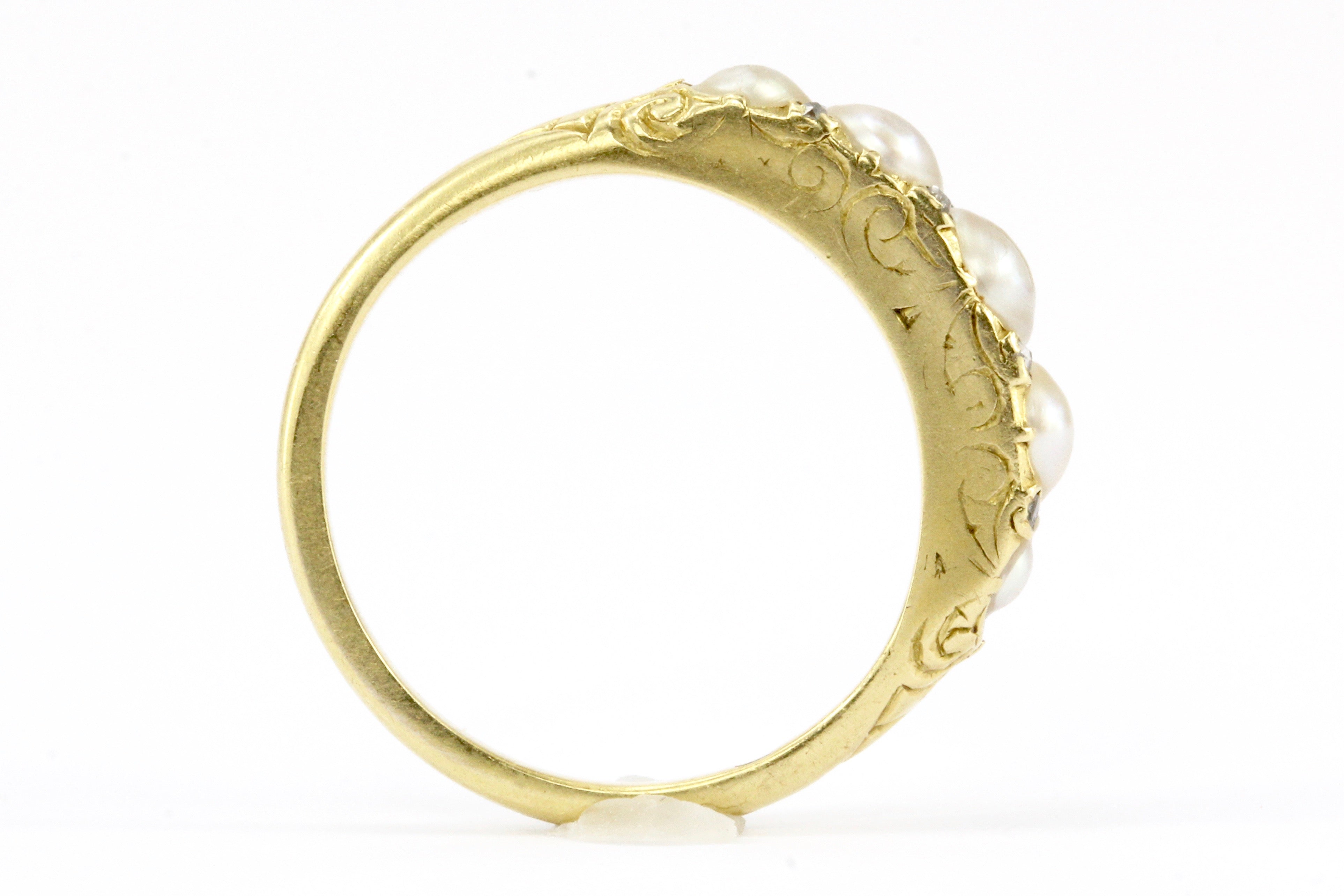 Victorian 18K Yellow Gold Rose Cut Diamond and Natural Pearl Band Ring Size 6.75 - Queen May
