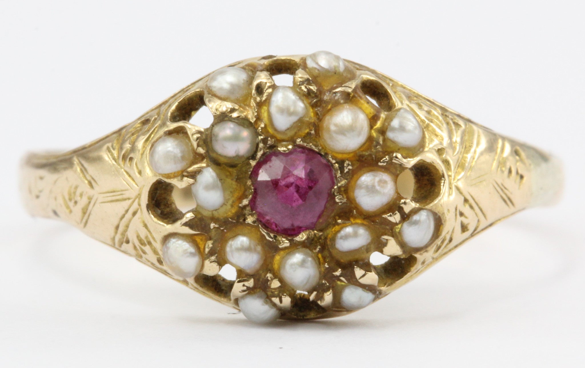 English Edwardian 15ct Gold Ruby & Seed Pearl Ring c.1910 - Queen May