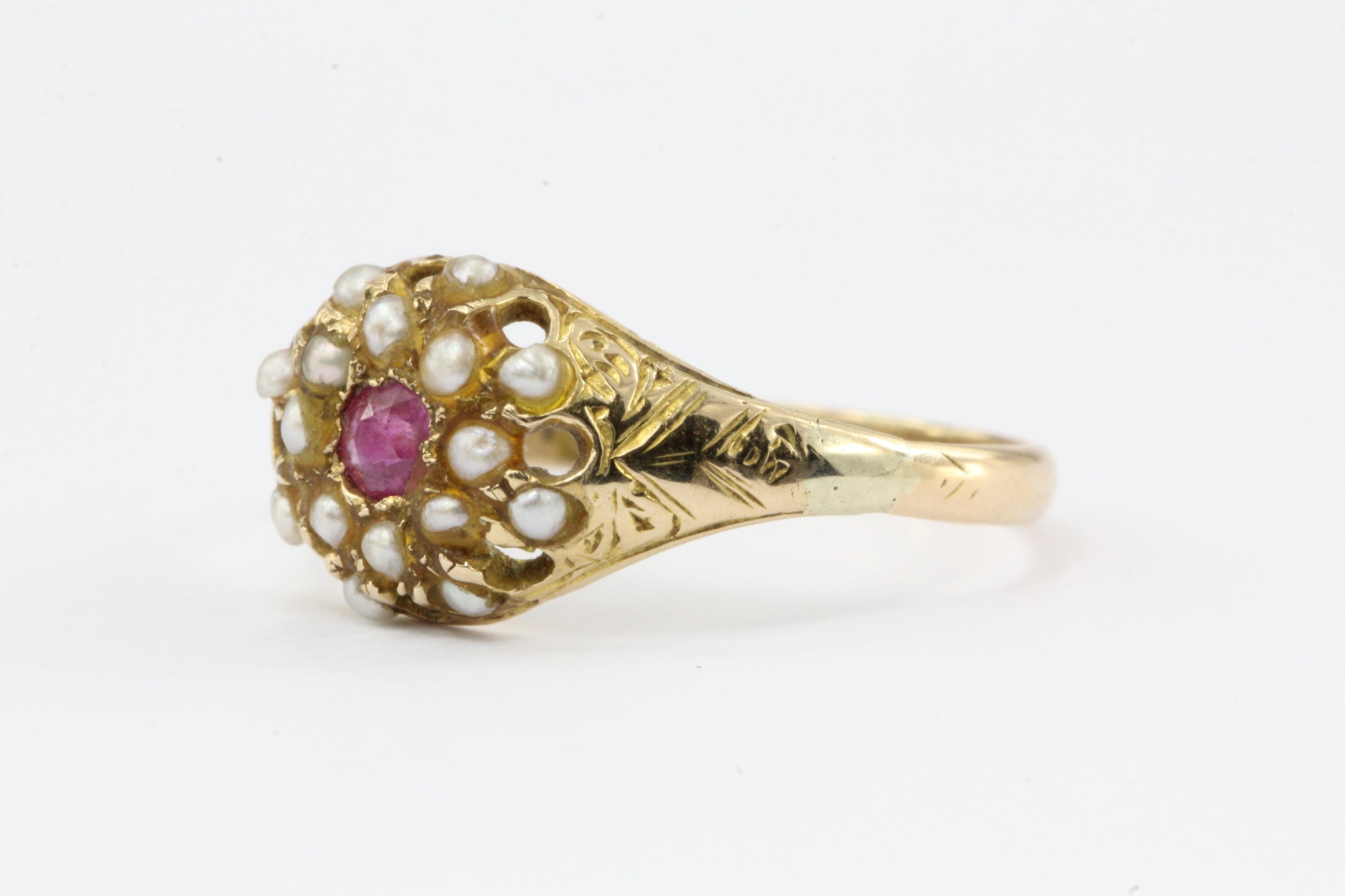 English Edwardian 15ct Gold Ruby & Seed Pearl Ring c.1910 - Queen May