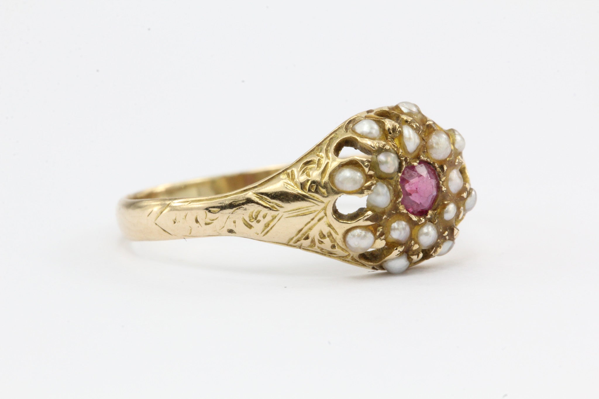 English Edwardian 15ct Gold Ruby & Seed Pearl Ring c.1910 - Queen May
