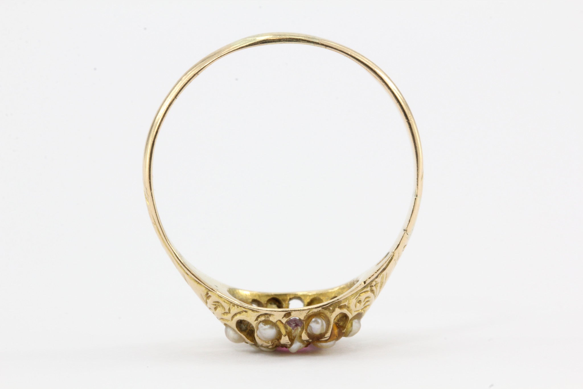 English Edwardian 15ct Gold Ruby & Seed Pearl Ring c.1910 - Queen May