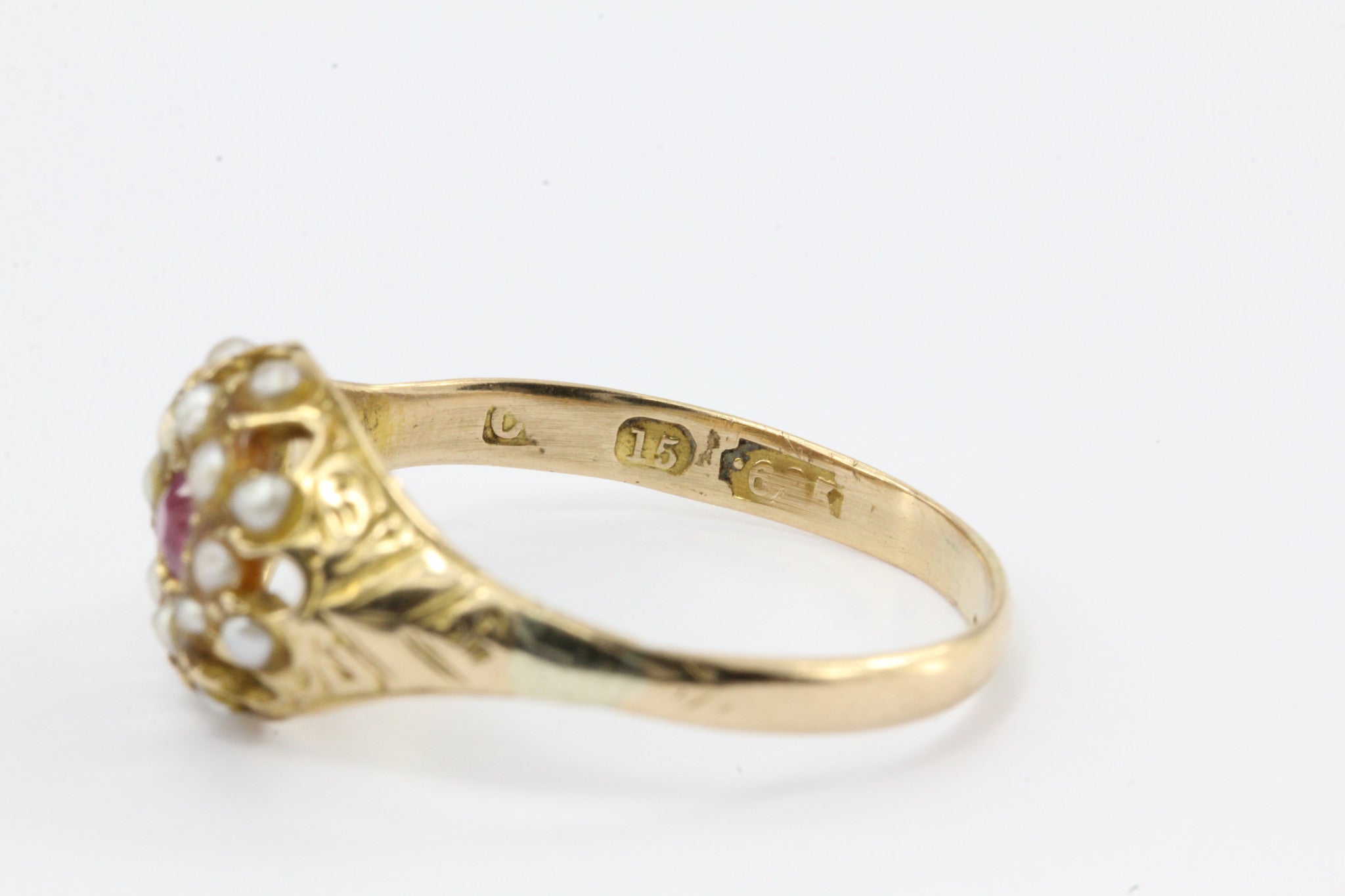 English Edwardian 15ct Gold Ruby & Seed Pearl Ring c.1910 - Queen May