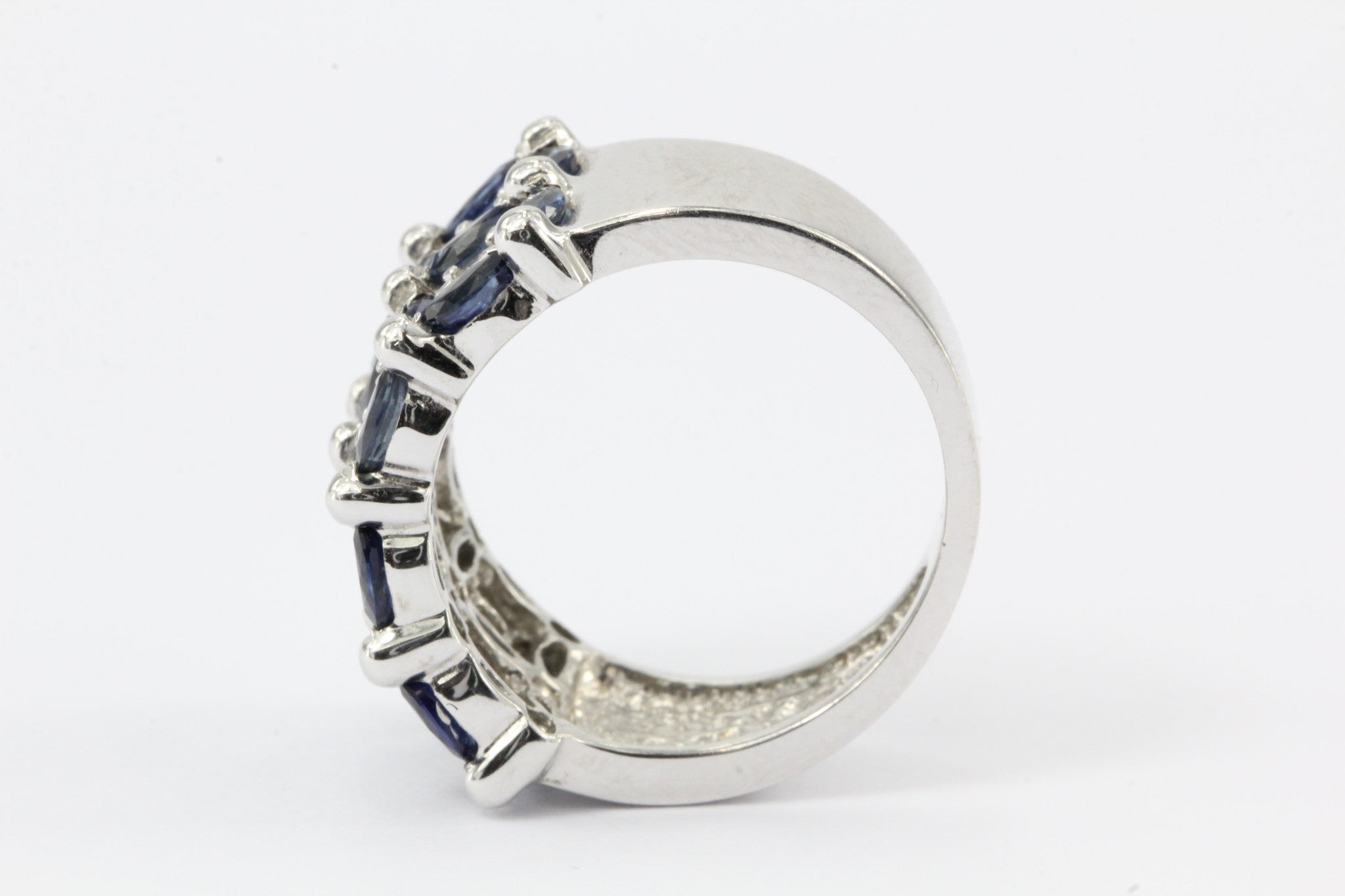 14K White Gold Blue Sapphire & Diamond Roman Fence Ring - Queen May