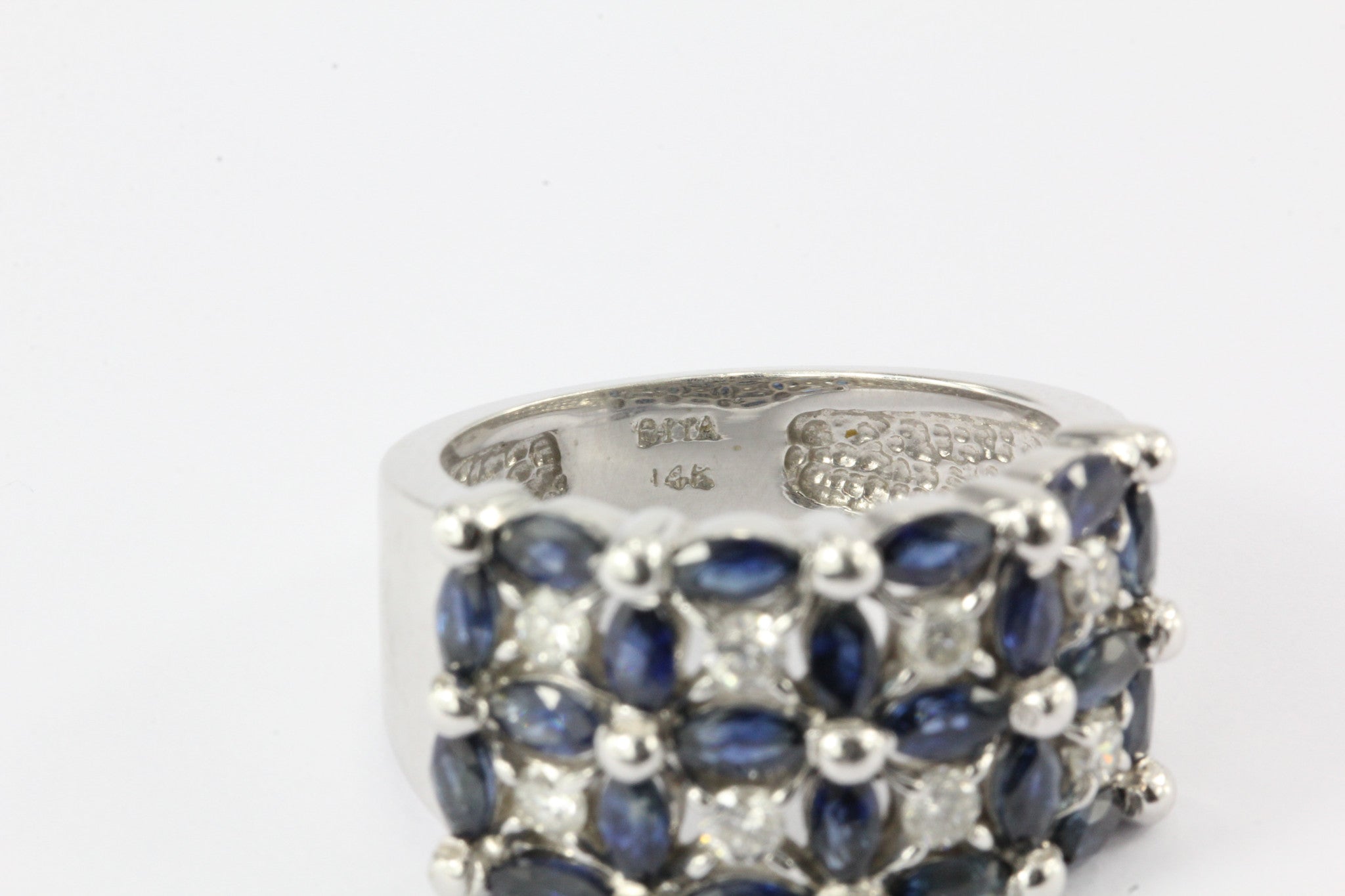 14K White Gold Blue Sapphire & Diamond Roman Fence Ring - Queen May