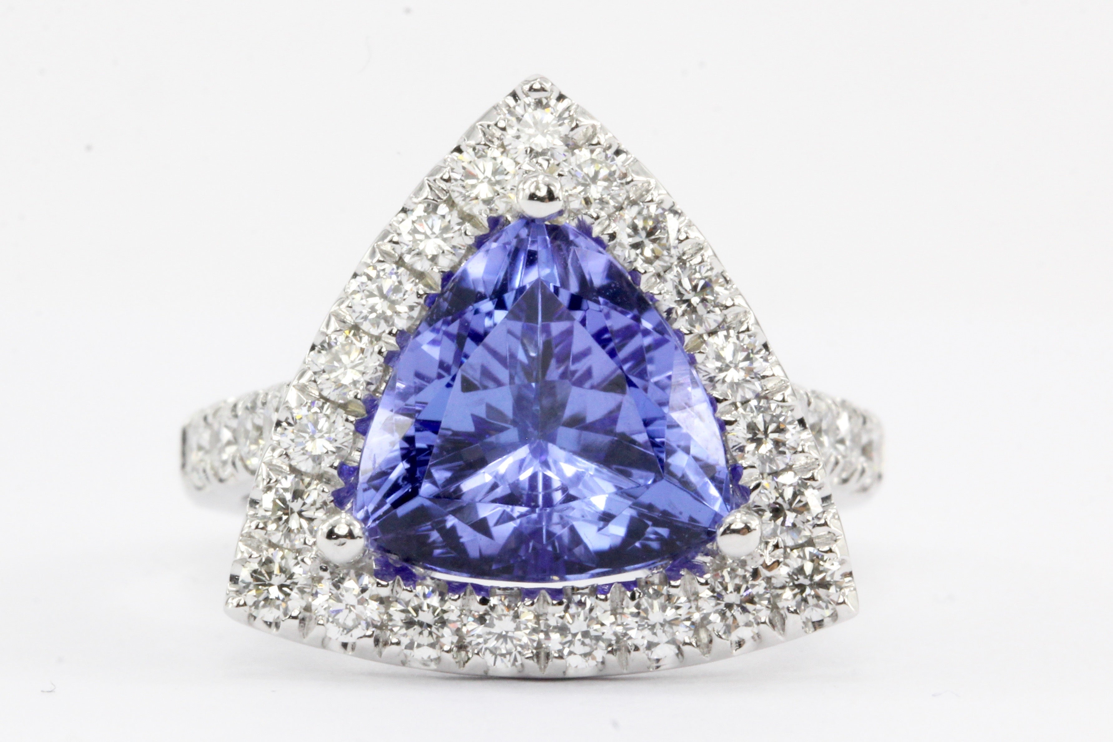 14K White Gold 4 Carat Trillion Cut Tanzanite and Diamond Halo Ring - Queen May
