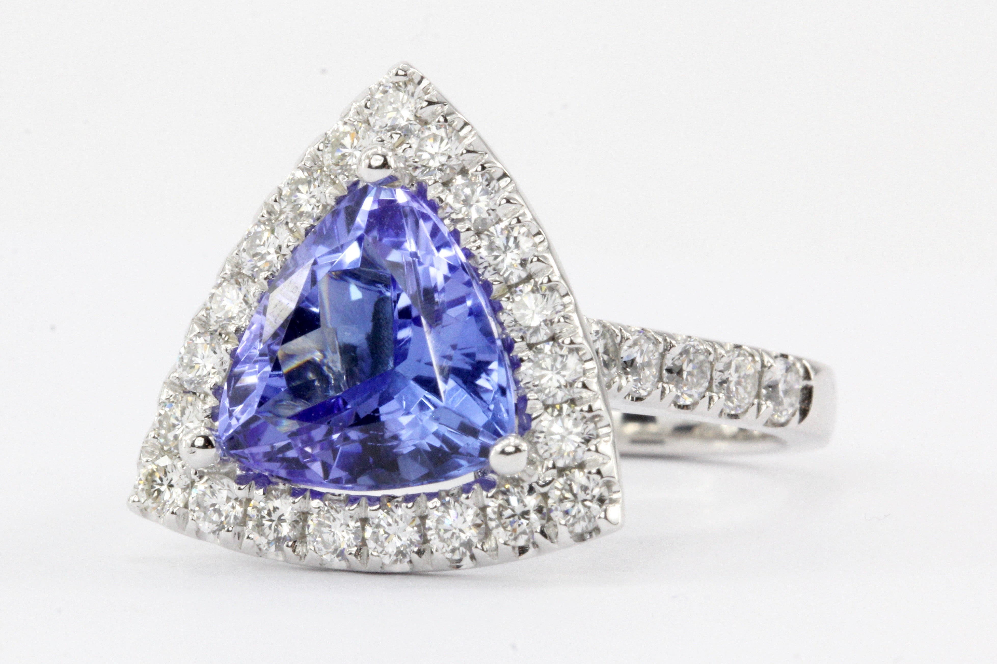 14K White Gold 4 Carat Trillion Cut Tanzanite and Diamond Halo Ring - Queen May