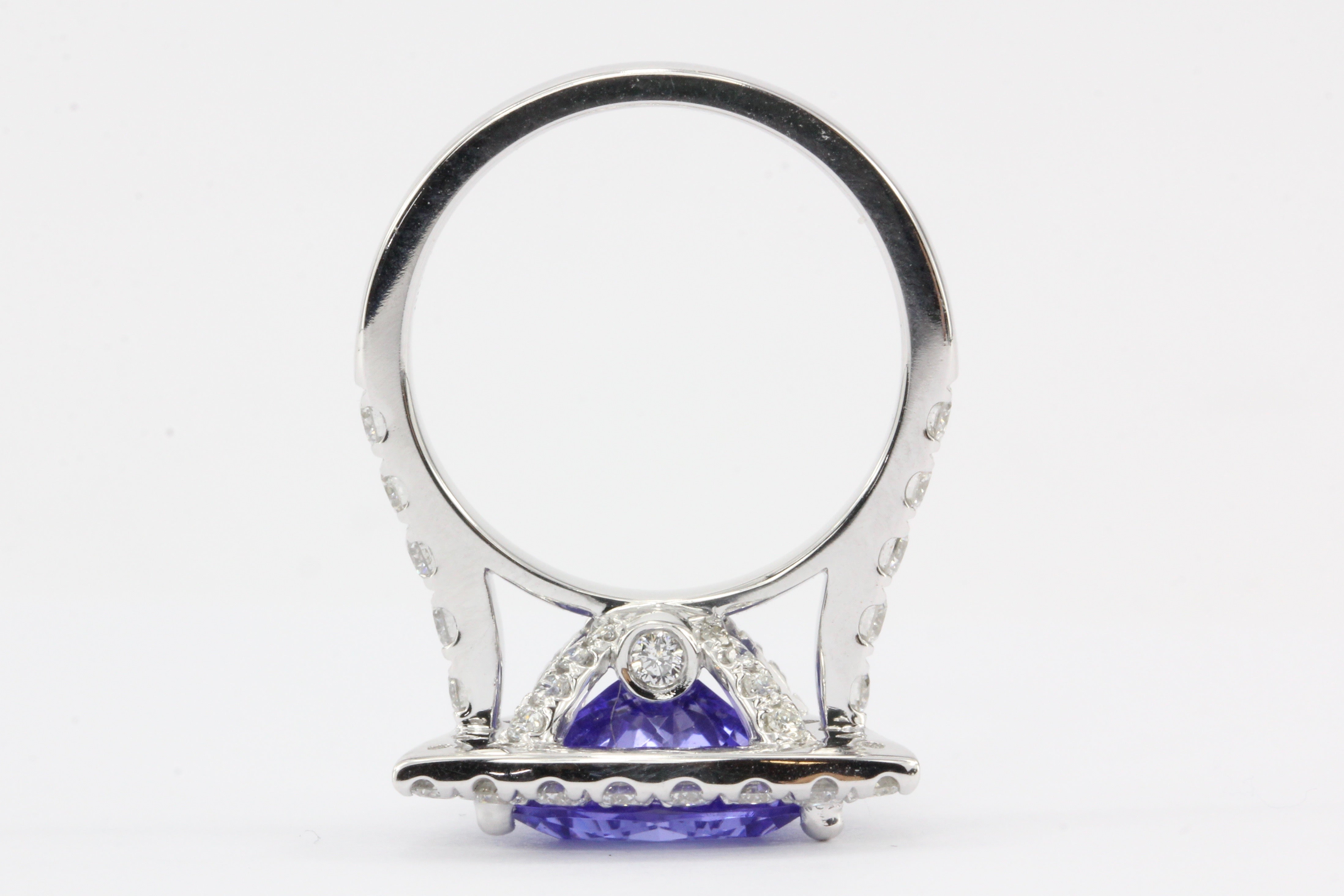 14K White Gold 4 Carat Trillion Cut Tanzanite and Diamond Halo Ring - Queen May