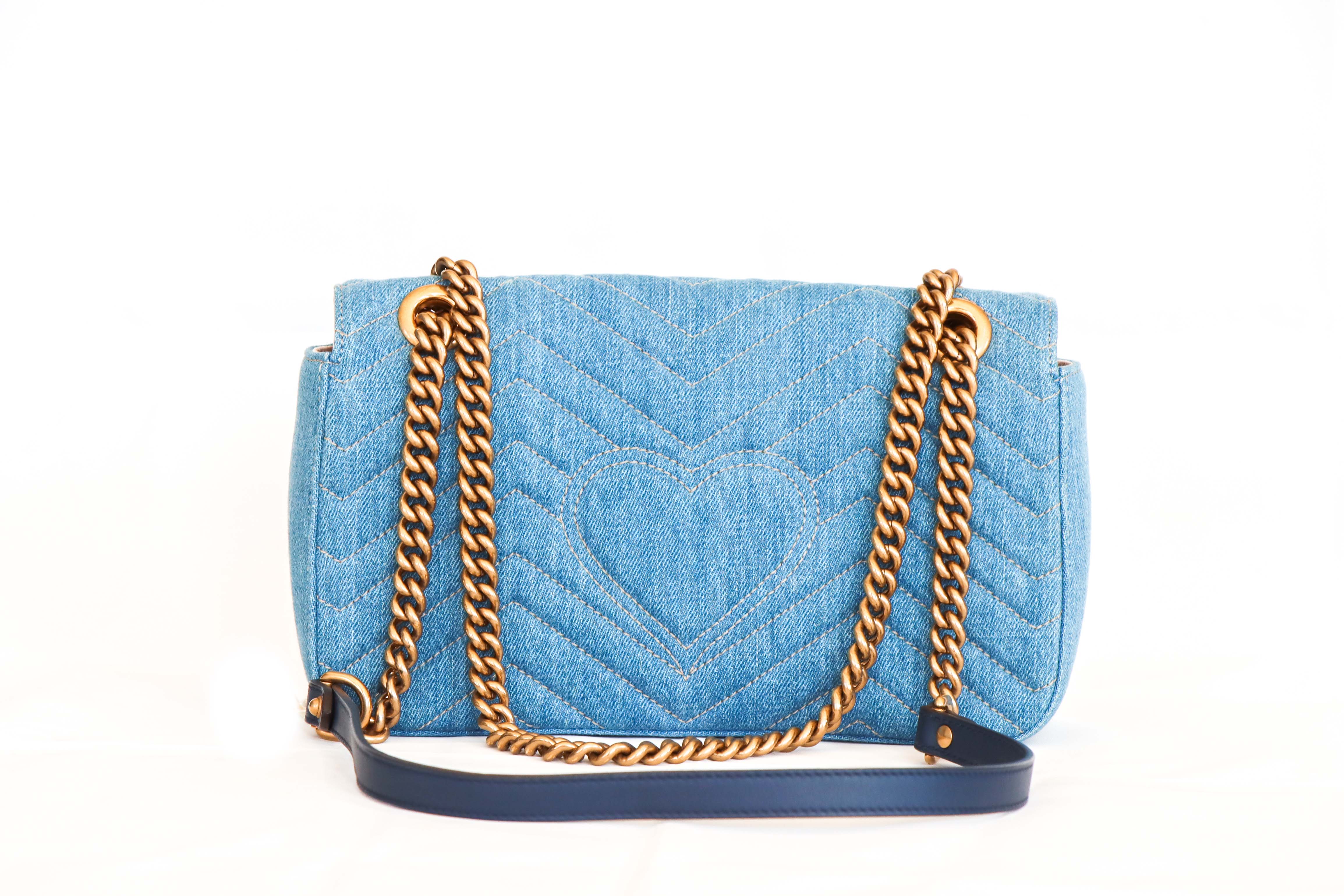 Gucci Limited Edition Blue Denim Pearl Marmont Shoulder Bag - Queen May