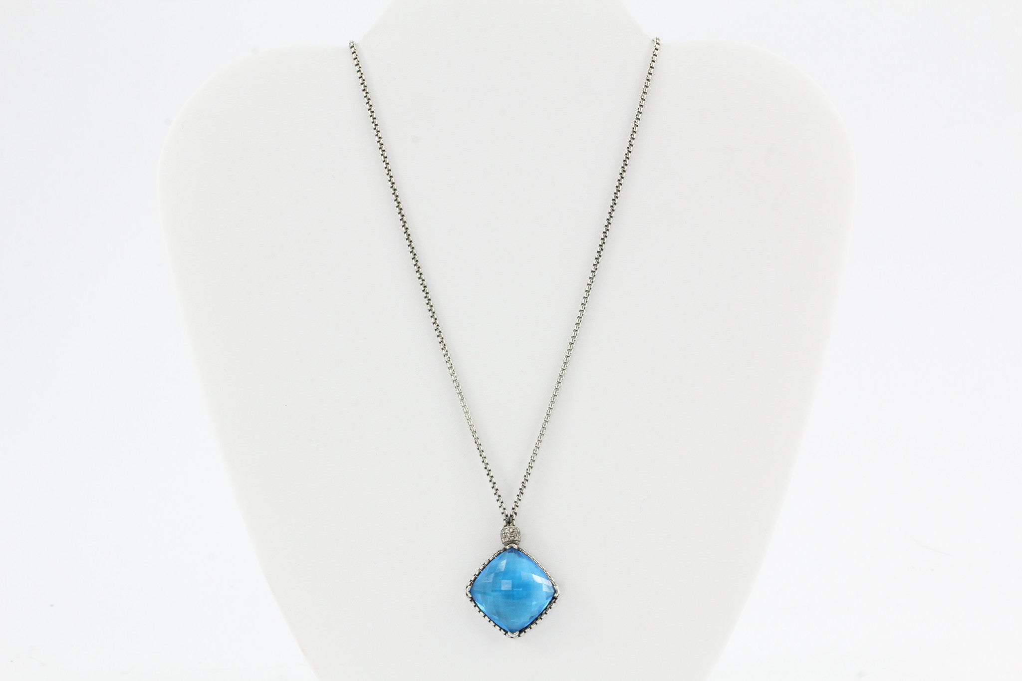 David Yurman Sterling Silver Blue Topaz & Diamond Cushion On Point Necklace - Queen May