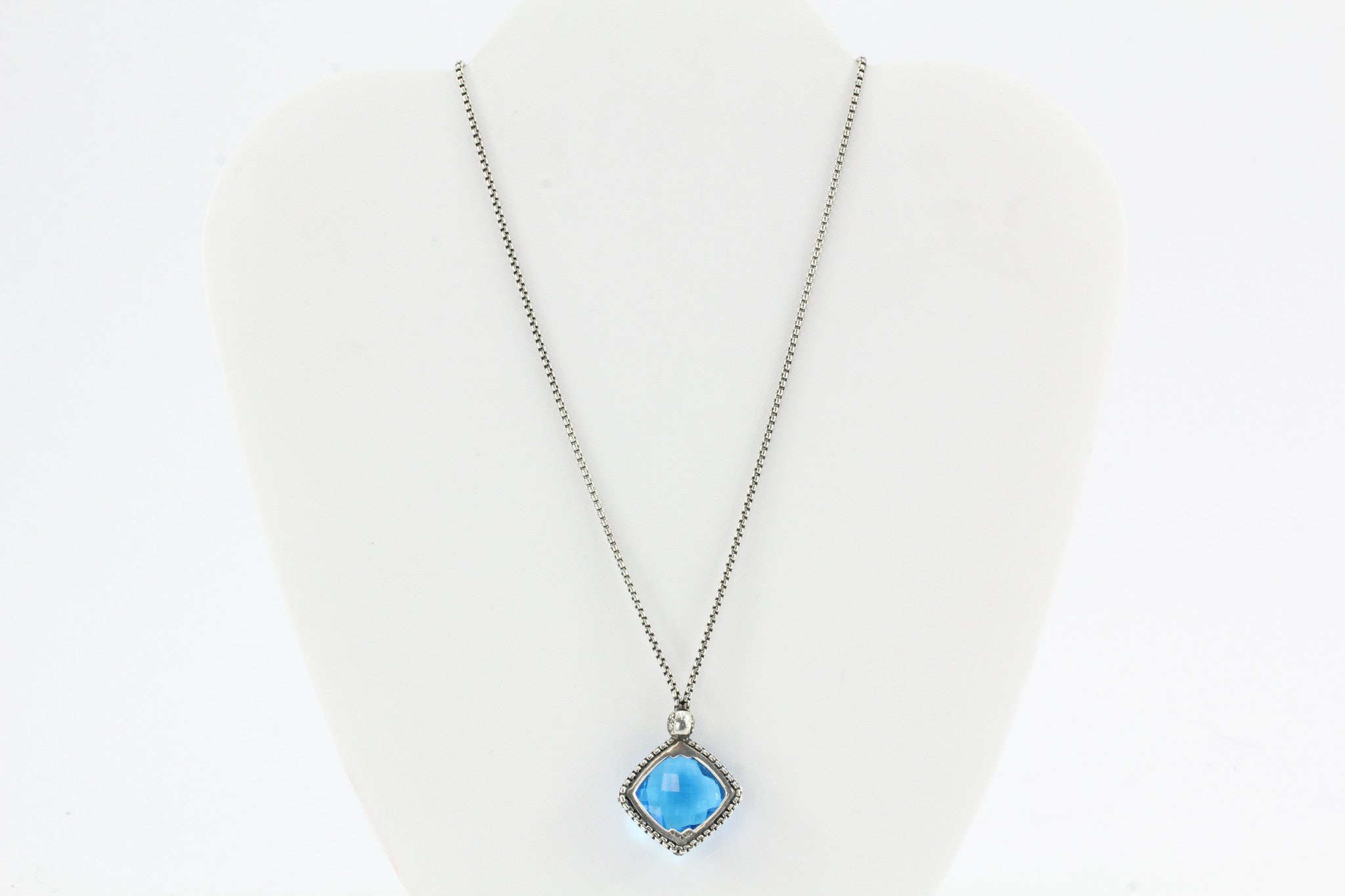 David Yurman Sterling Silver Blue Topaz & Diamond Cushion On Point Necklace - Queen May