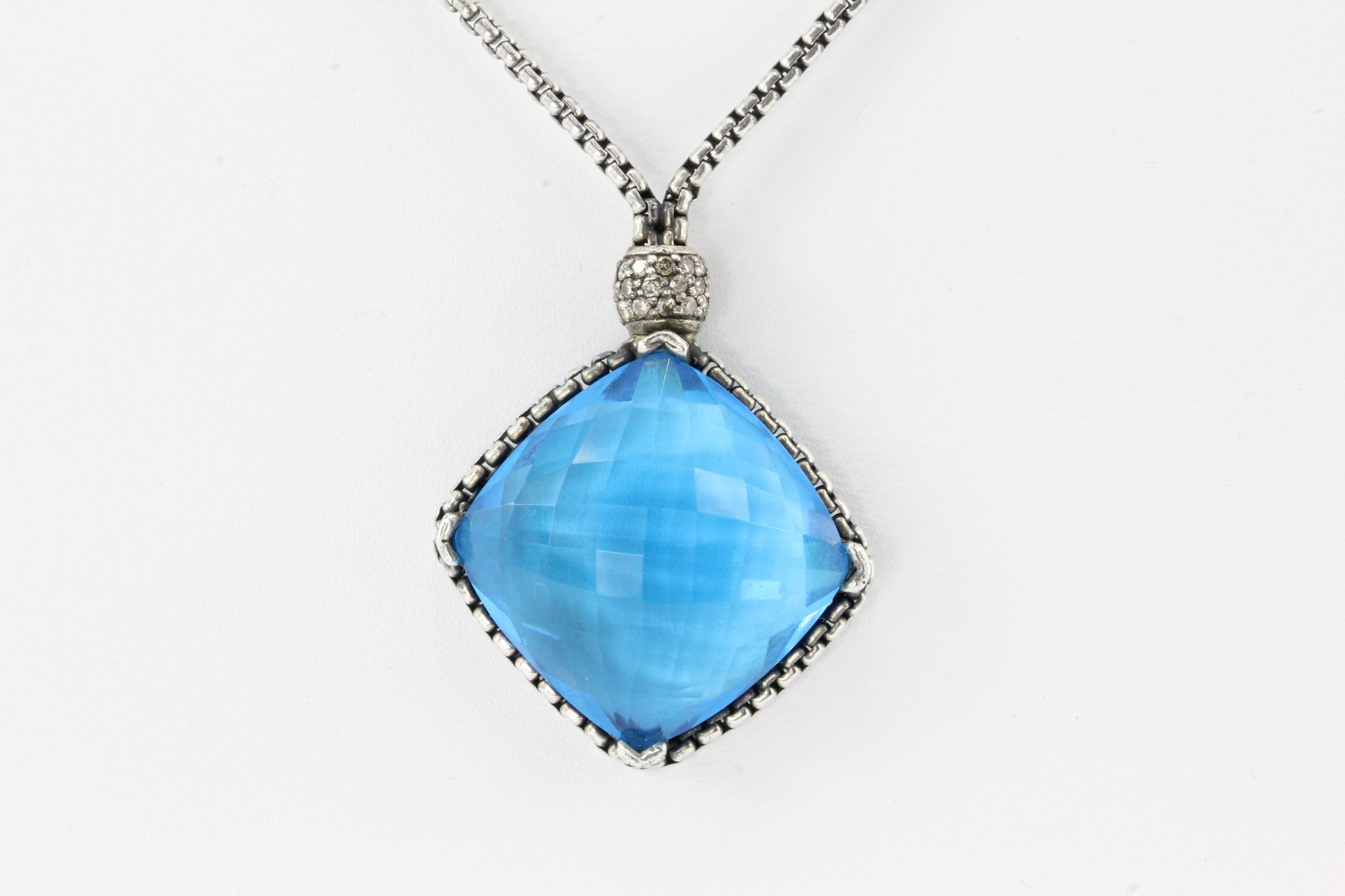 David Yurman Sterling Silver Blue Topaz & Diamond Cushion On Point Necklace - Queen May