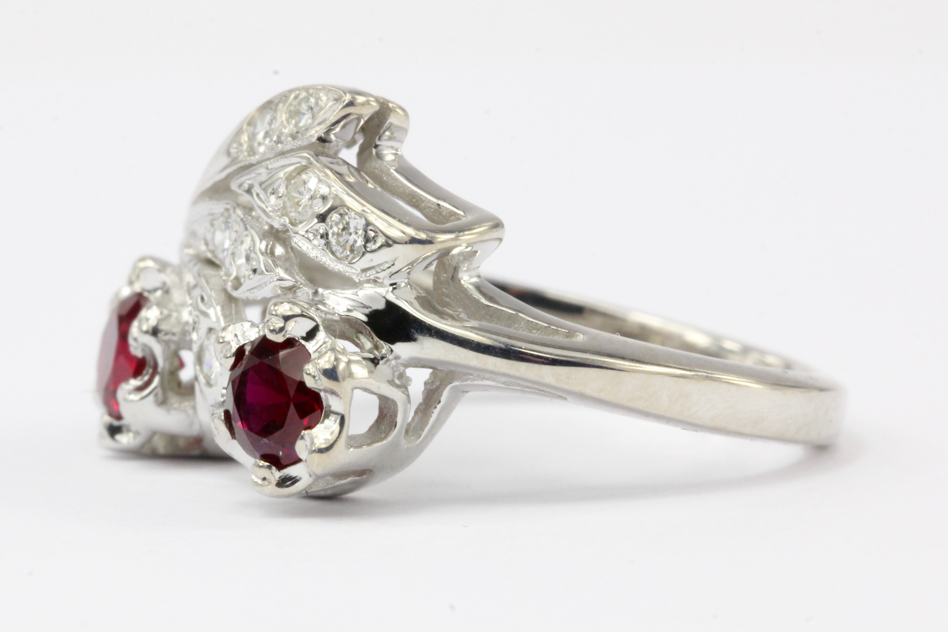 Retro 14K White Gold Natural Ruby and Diamond Ring Size 4.75 - Queen May