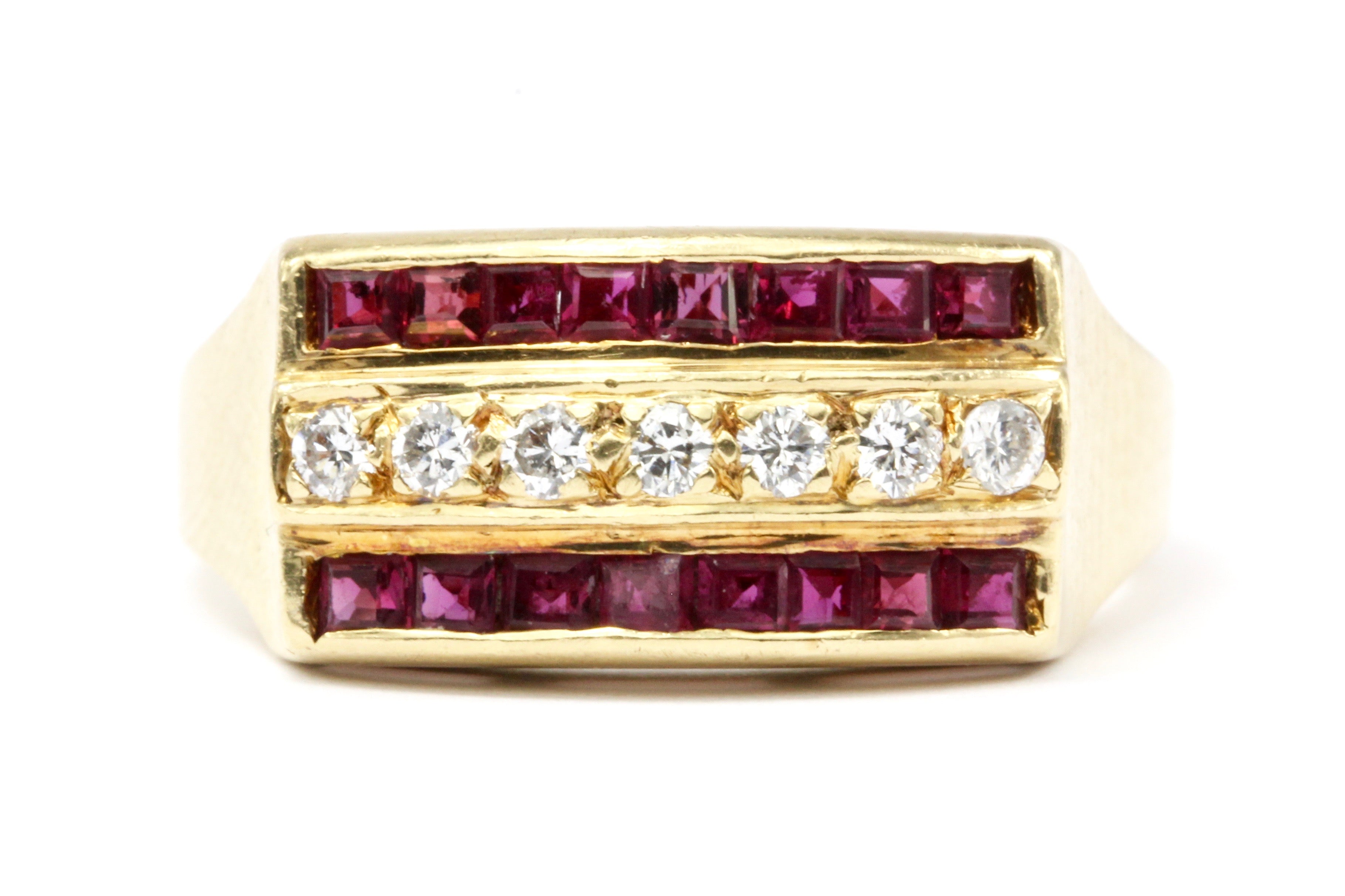 Retro 14K Yellow Gold Natural Ruby and Diamond Chunky Half Band Size 6.5 - Queen May