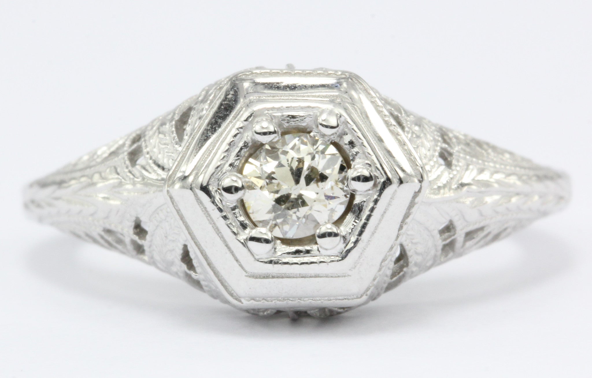 Gorgeous Art Deco 14K White Gold Old European Cut Diamond Engagement Ring c.1920 - Queen May