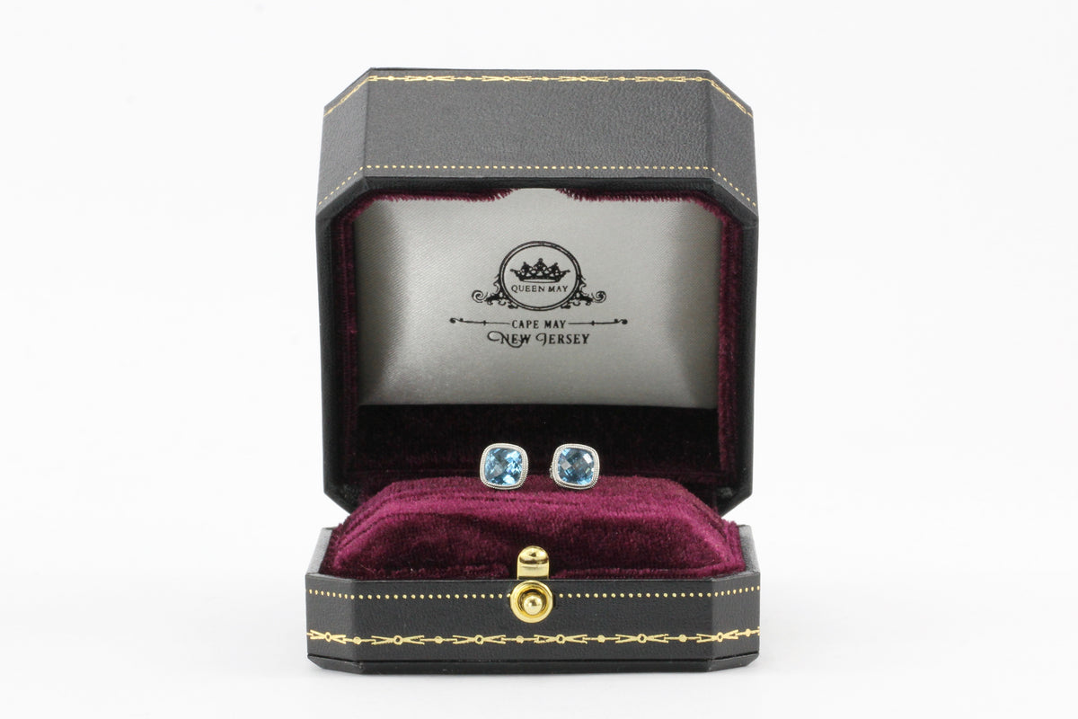 14K White Gold Blue Topaz Cushion Cut Earrings - Queen May