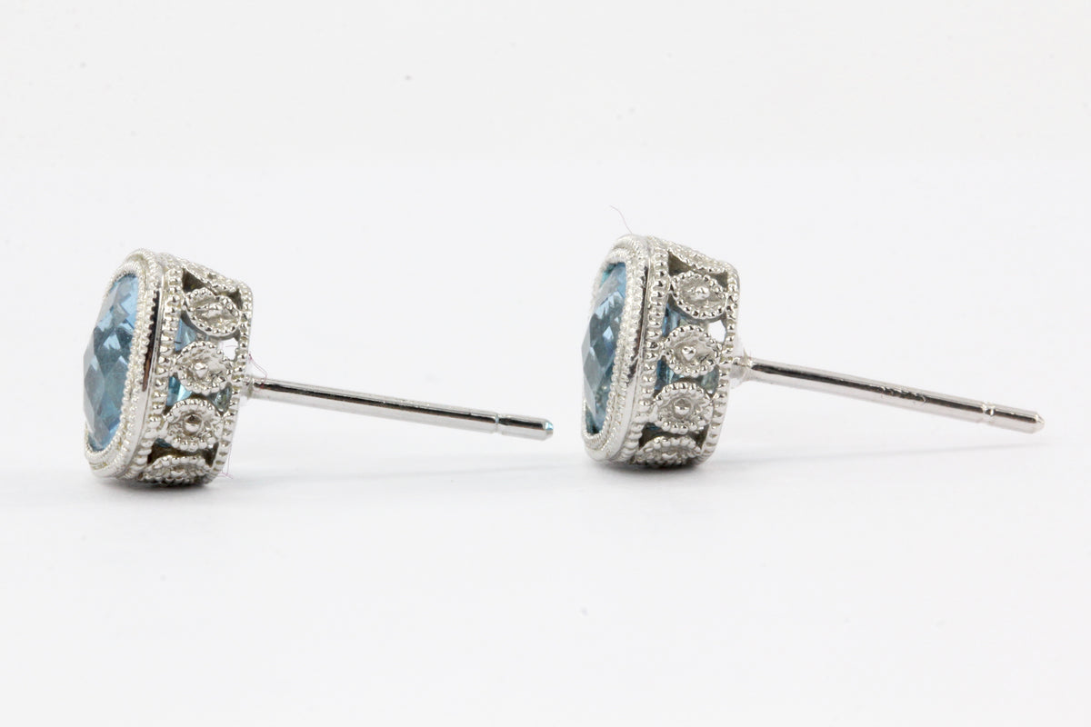 14K White Gold Blue Topaz Cushion Cut Earrings - Queen May