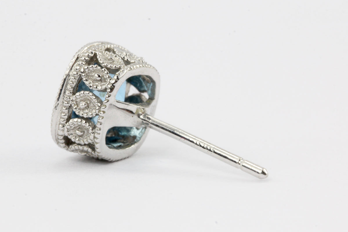 14K White Gold Blue Topaz Cushion Cut Earrings - Queen May