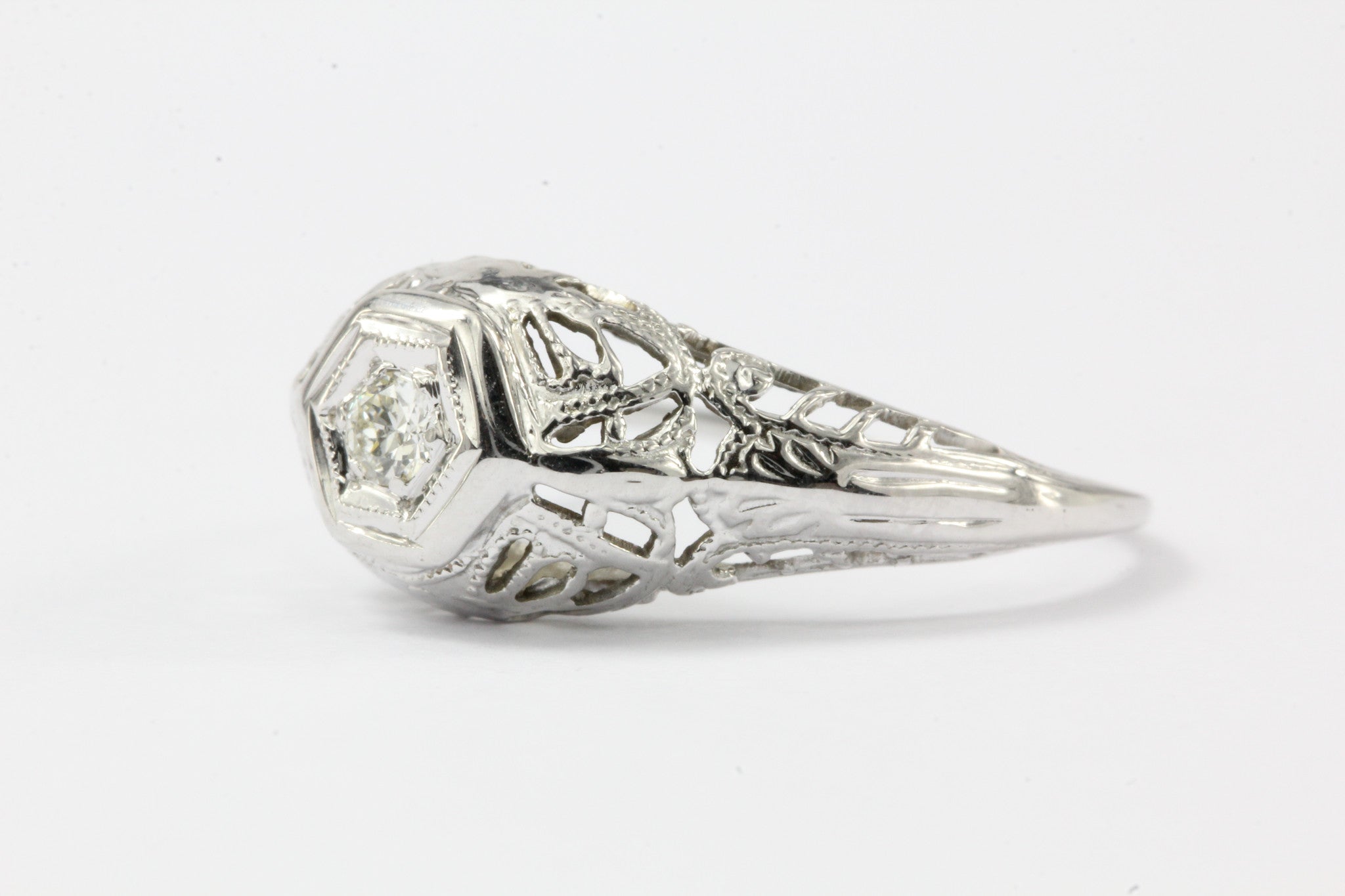 Art Deco 14K White Gold Old European Cut Diamond Engagement Ring c.1925 - Queen May