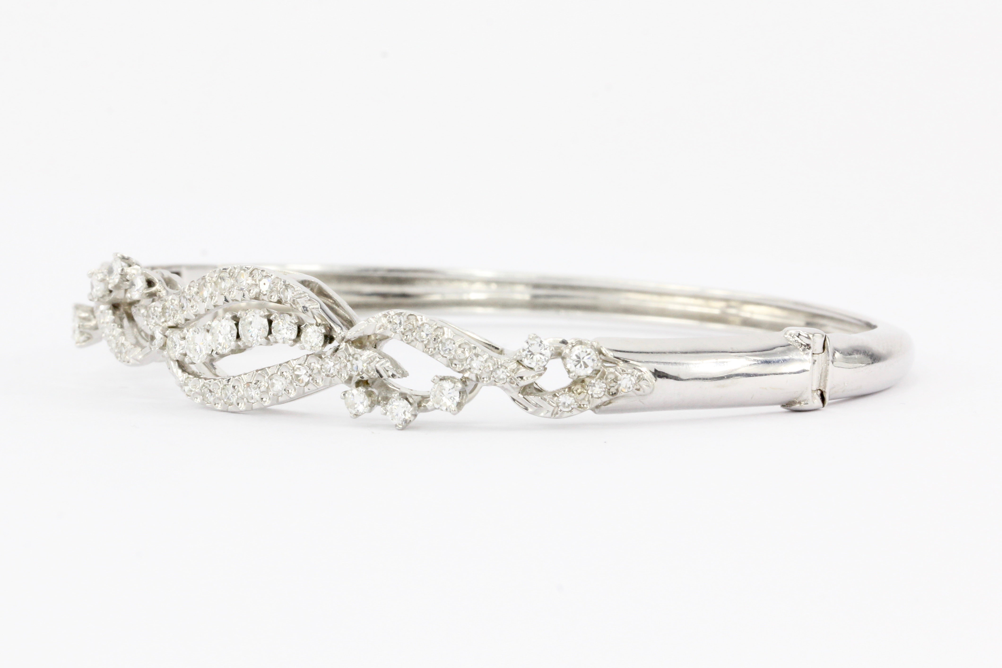 Retro 14K White Gold Diamond Bangle Bracelet - Queen May