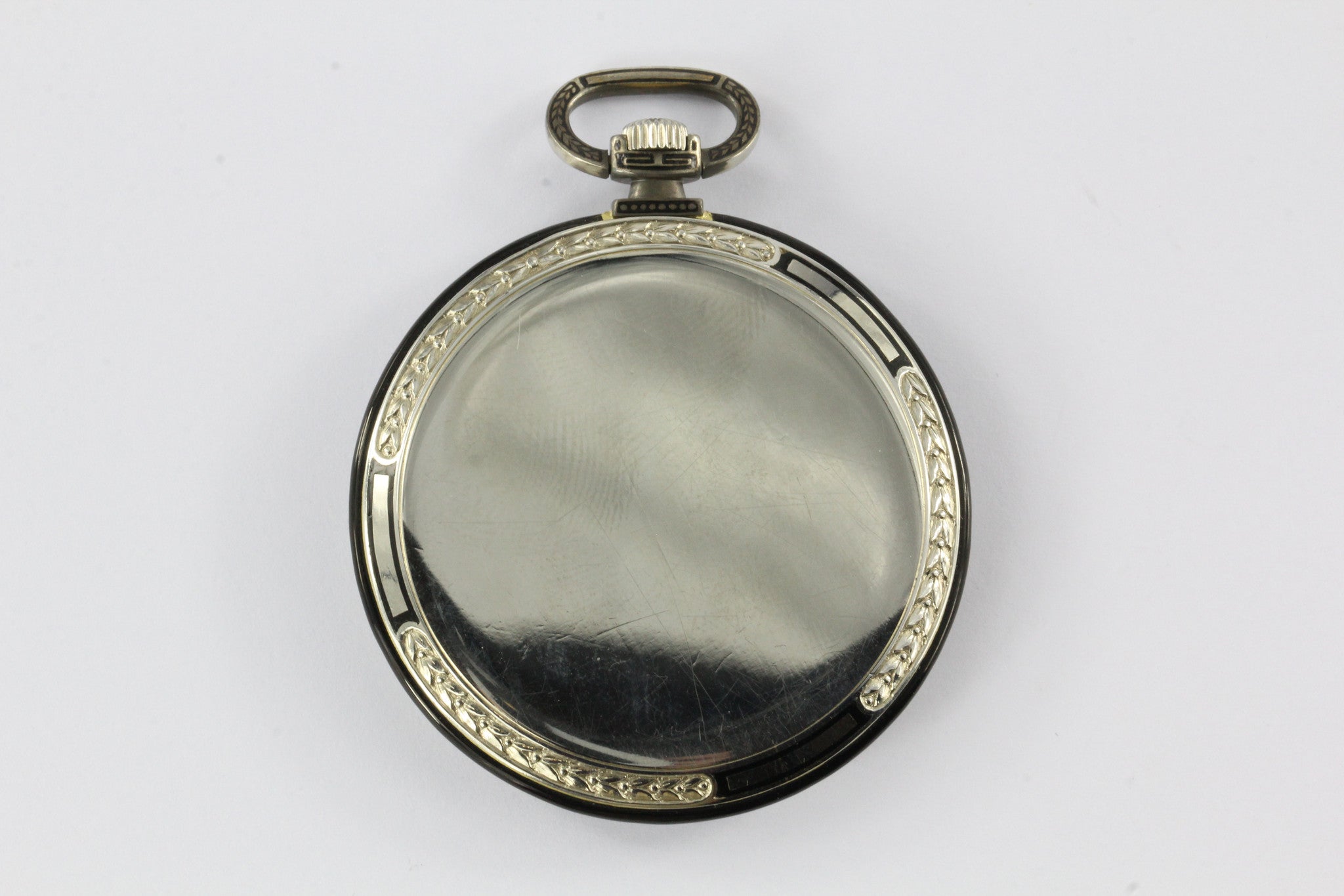 Art Deco 18K White Gold Black Enamel Ultra Thin Gubelin Pocket Watch c.1924 - Queen May