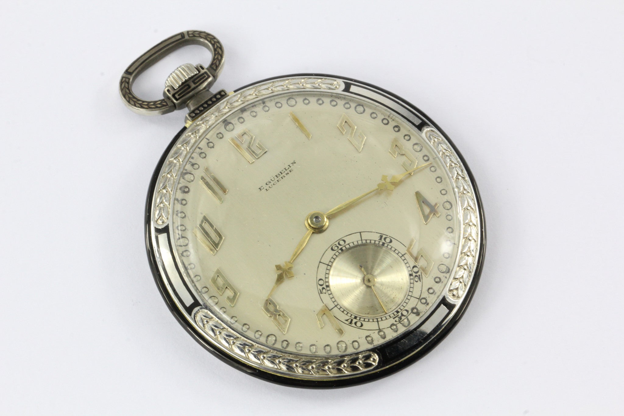 Art Deco 18K White Gold Black Enamel Ultra Thin Gubelin Pocket Watch c.1924 - Queen May