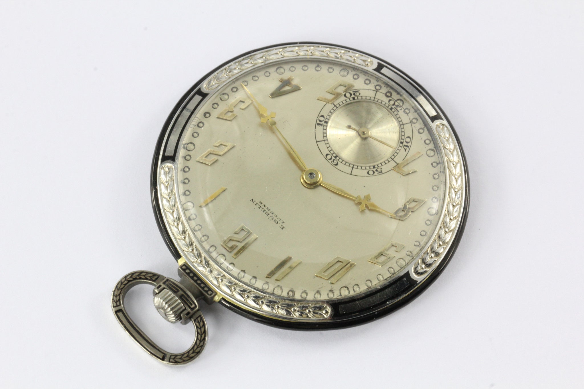 Art Deco 18K White Gold Black Enamel Ultra Thin Gubelin Pocket Watch c.1924 - Queen May