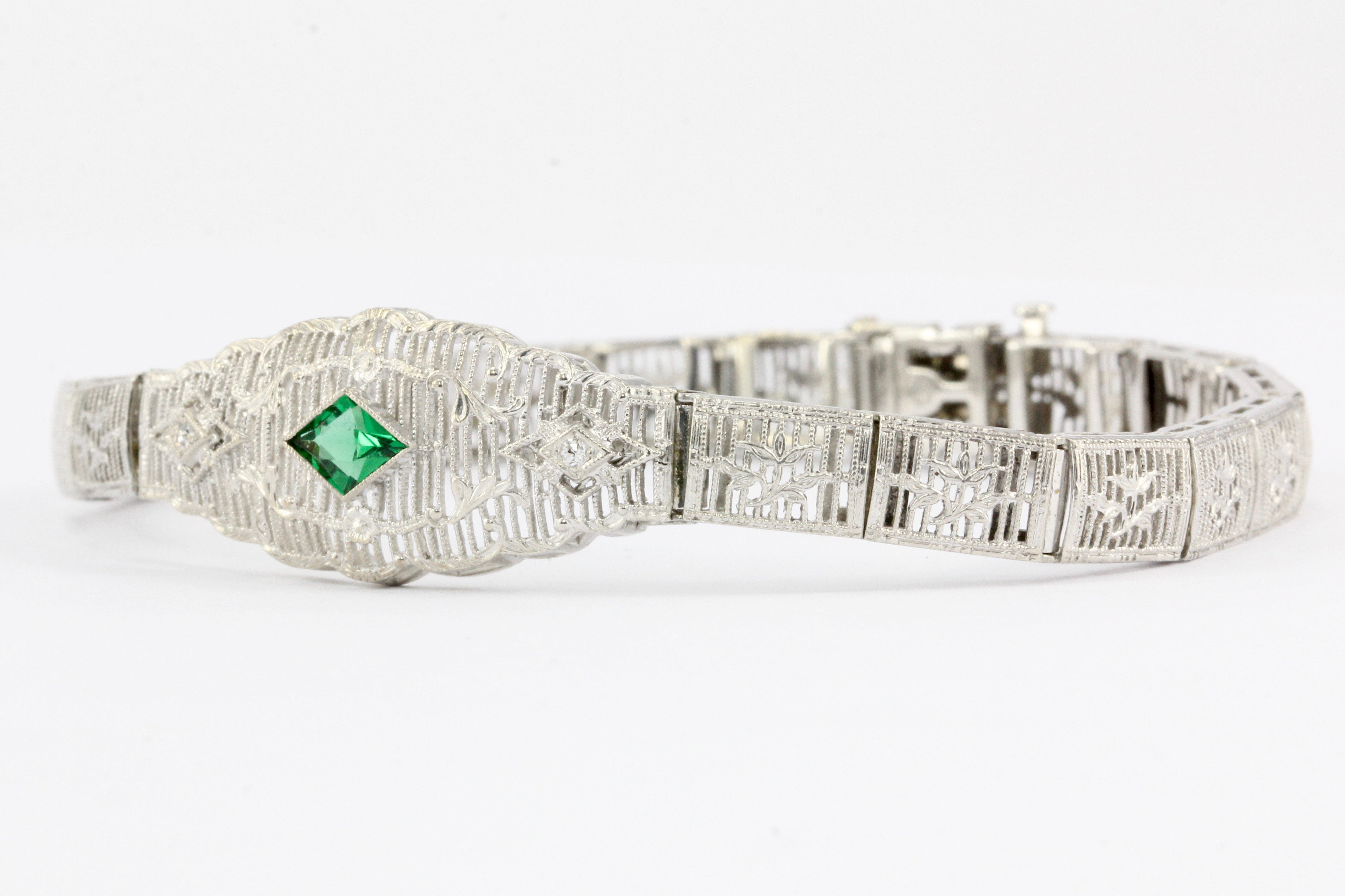 Art Deco 14K White Gold Green Glass Stone & Diamond Filigree Bracelet - Queen May