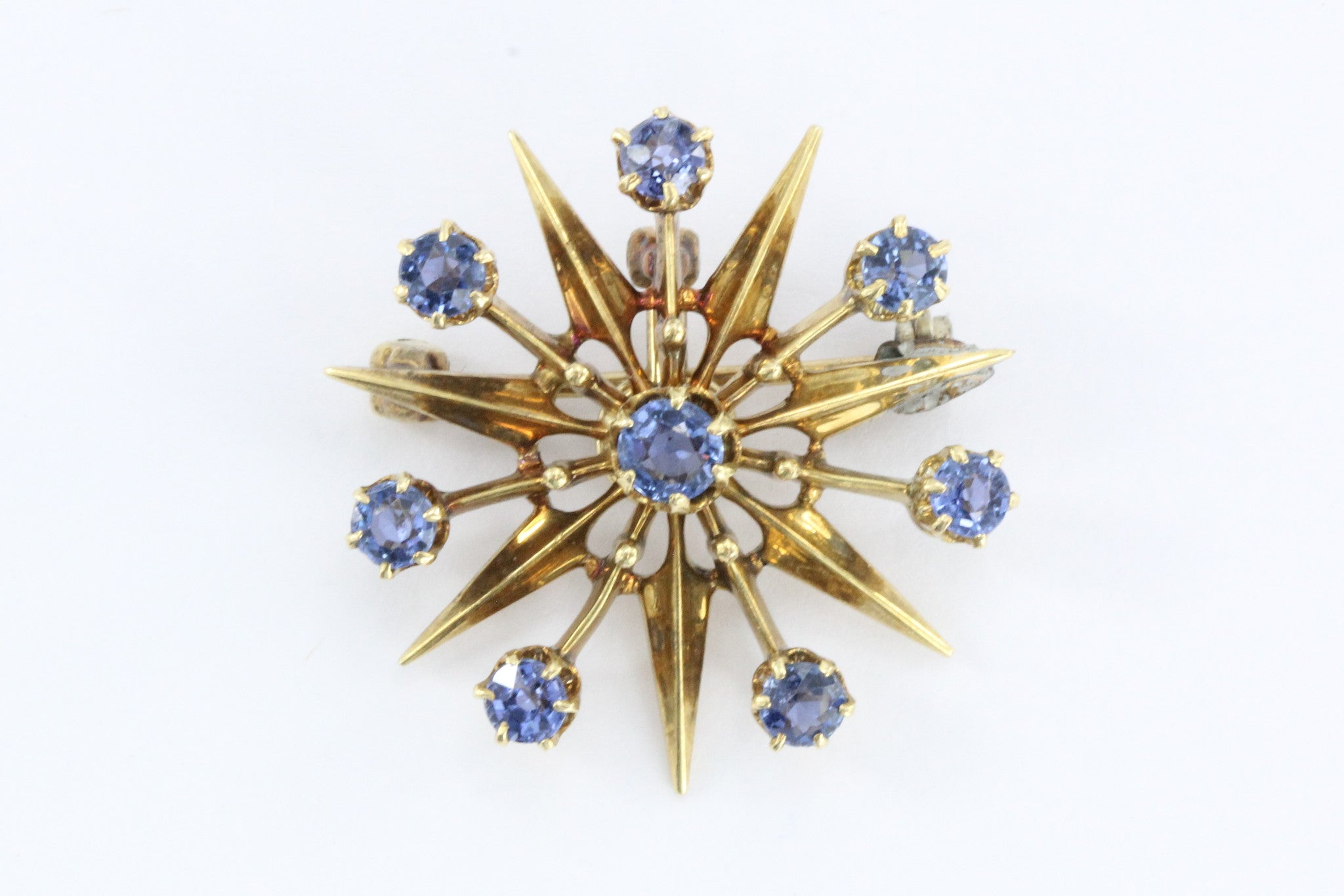 Antique Art Deco 18K Gold Sapphire Star Burst / Snowflake Pendant / Brooch - Queen May