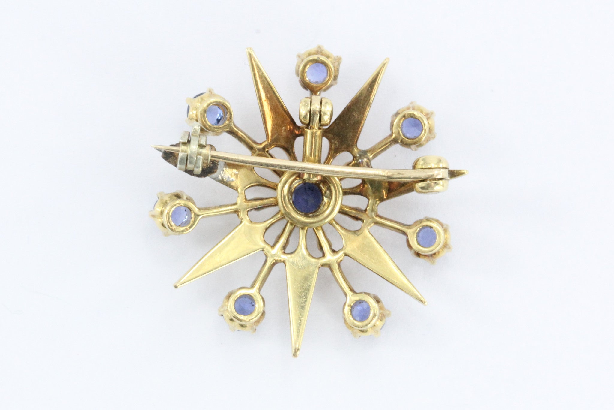 Antique Art Deco 18K Gold Sapphire Star Burst / Snowflake Pendant / Brooch - Queen May