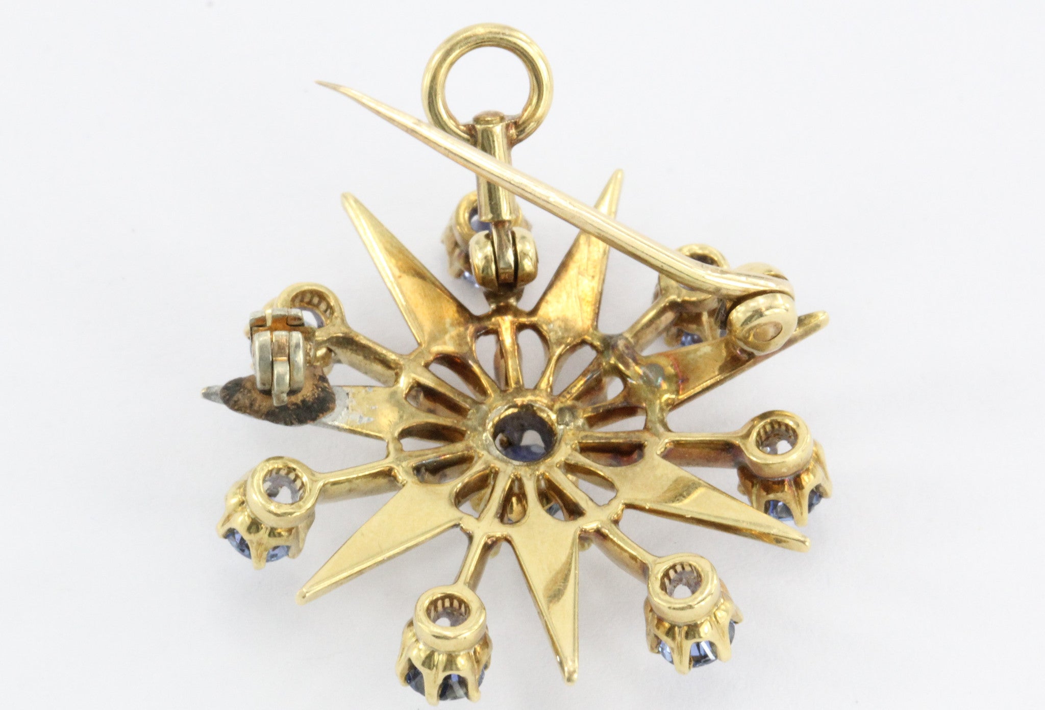 Antique Art Deco 18K Gold Sapphire Star Burst / Snowflake Pendant / Brooch - Queen May