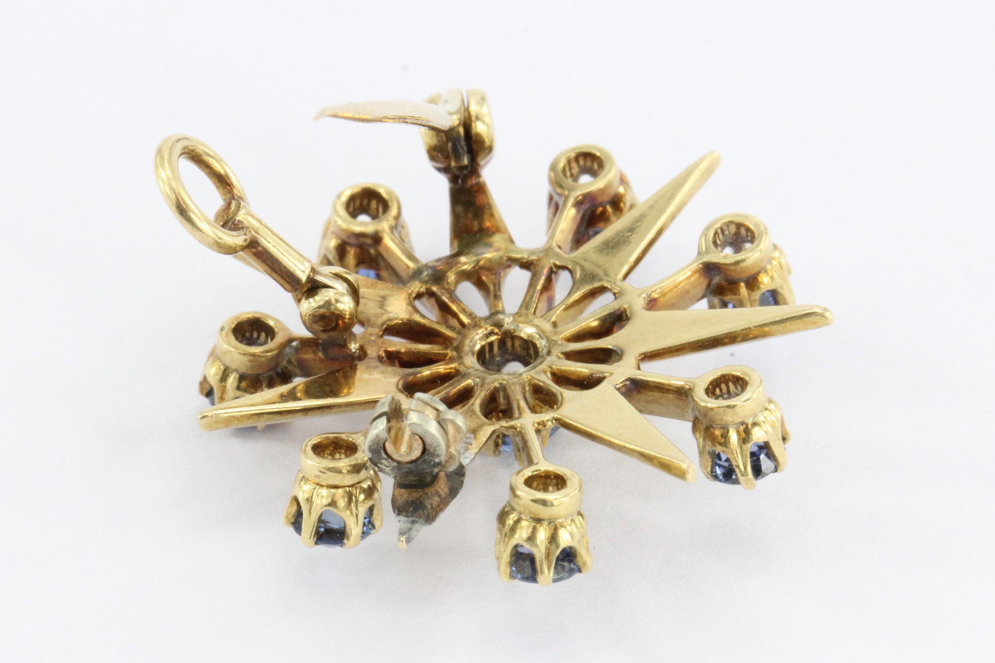 Antique Art Deco 18K Gold Sapphire Star Burst / Snowflake Pendant / Brooch - Queen May