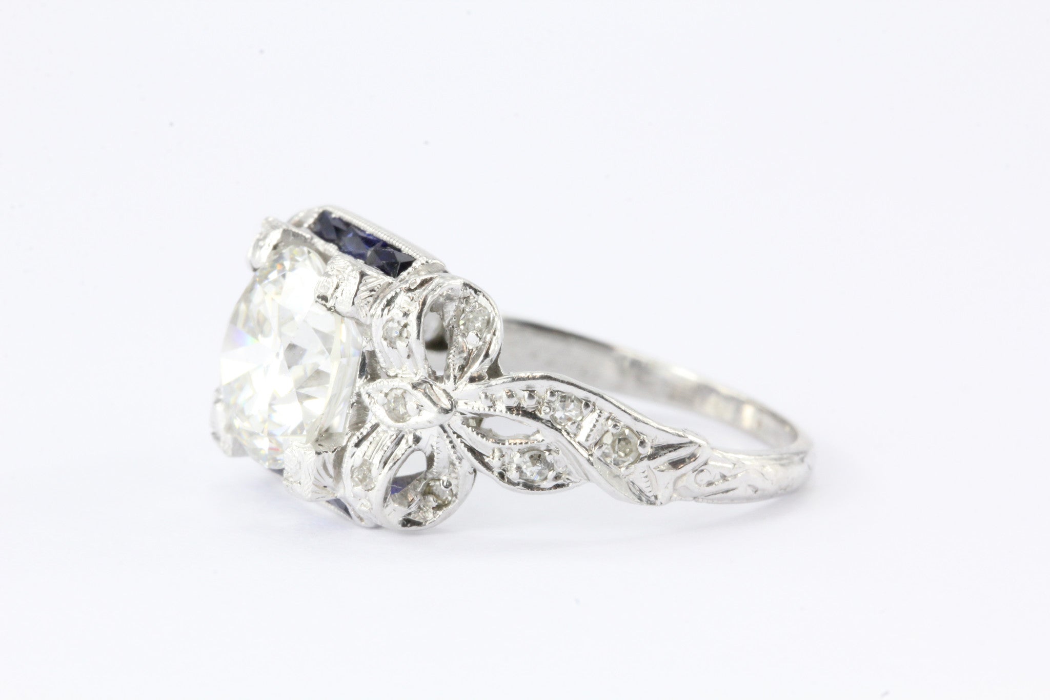 Art Deco Platinum GIA 2.09 Carat Diamond Sapphire Ribbon Engagement Ring - Queen May