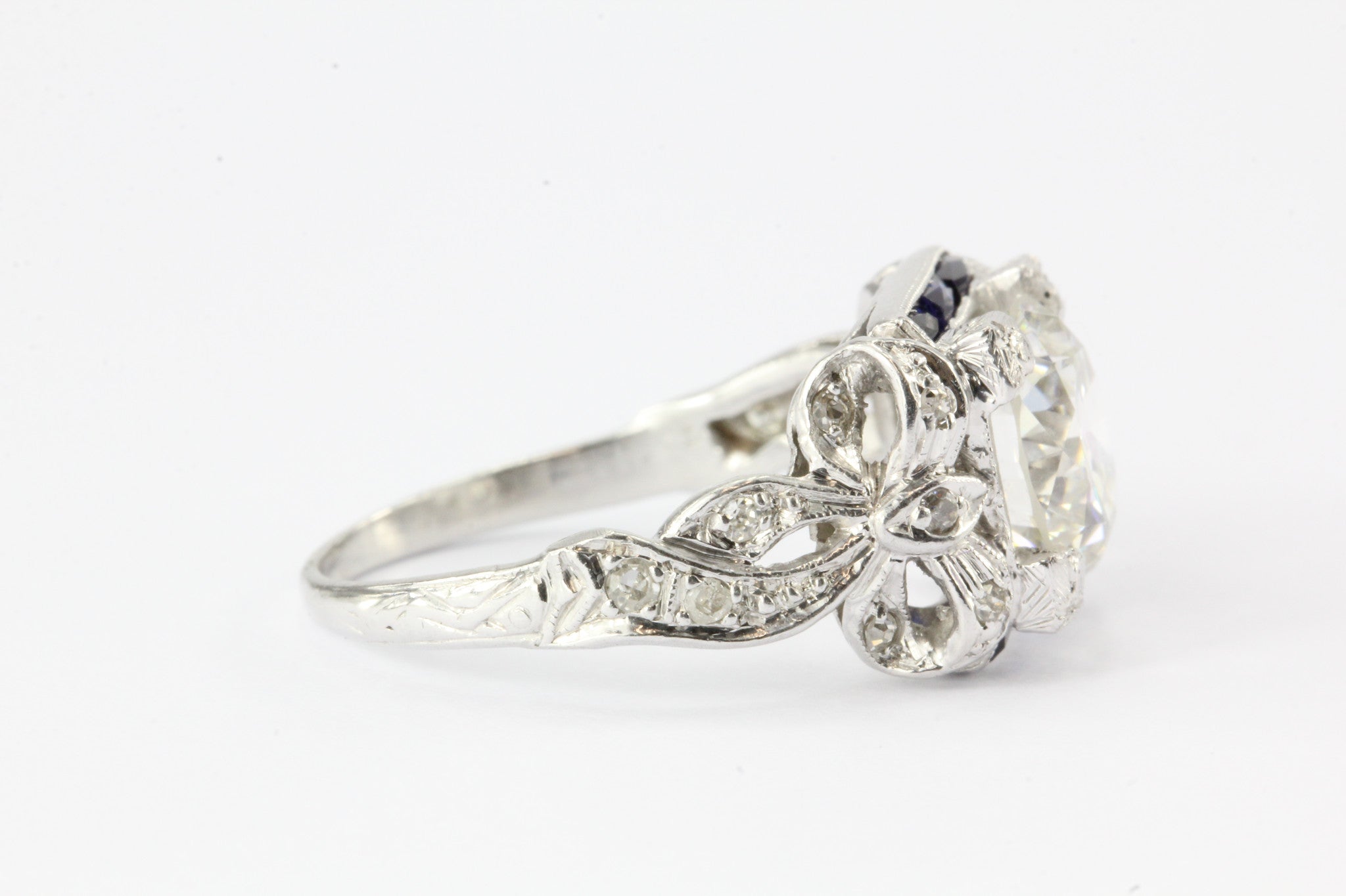 Art Deco Platinum GIA 2.09 Carat Diamond Sapphire Ribbon Engagement Ring - Queen May