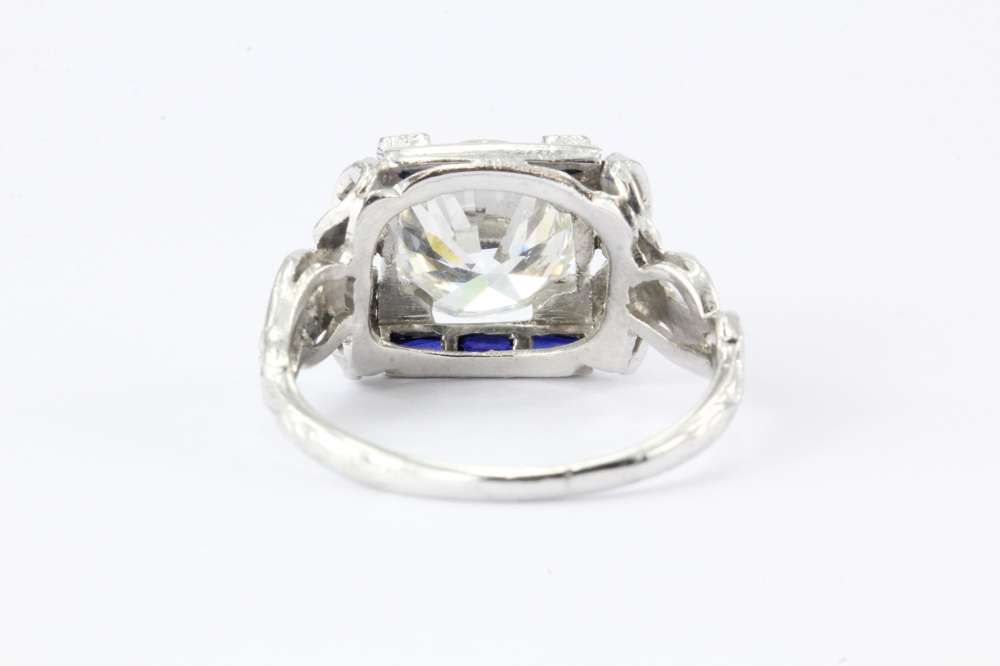 Art Deco Platinum GIA 2.09 Carat Diamond Sapphire Ribbon Engagement Ring - Queen May