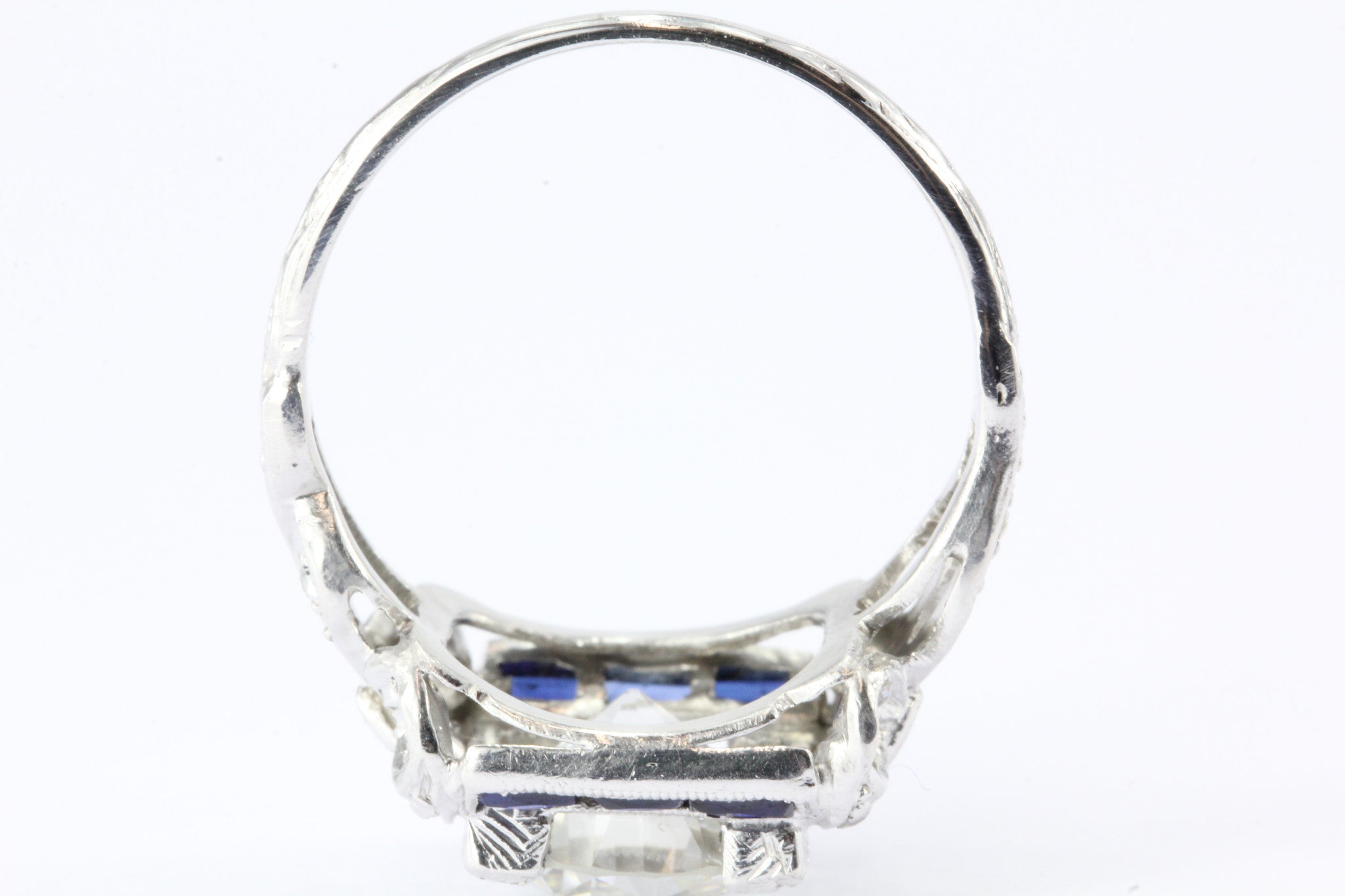 Art Deco Platinum GIA 2.09 Carat Diamond Sapphire Ribbon Engagement Ring - Queen May