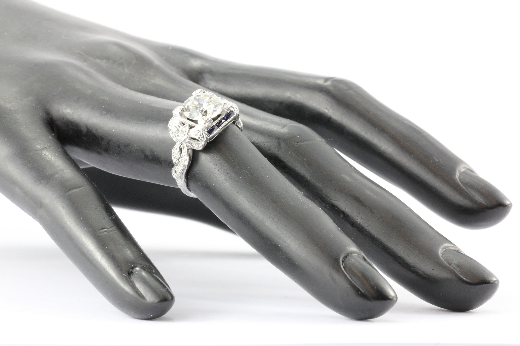 Art Deco Platinum GIA 2.09 Carat Diamond Sapphire Ribbon Engagement Ring - Queen May