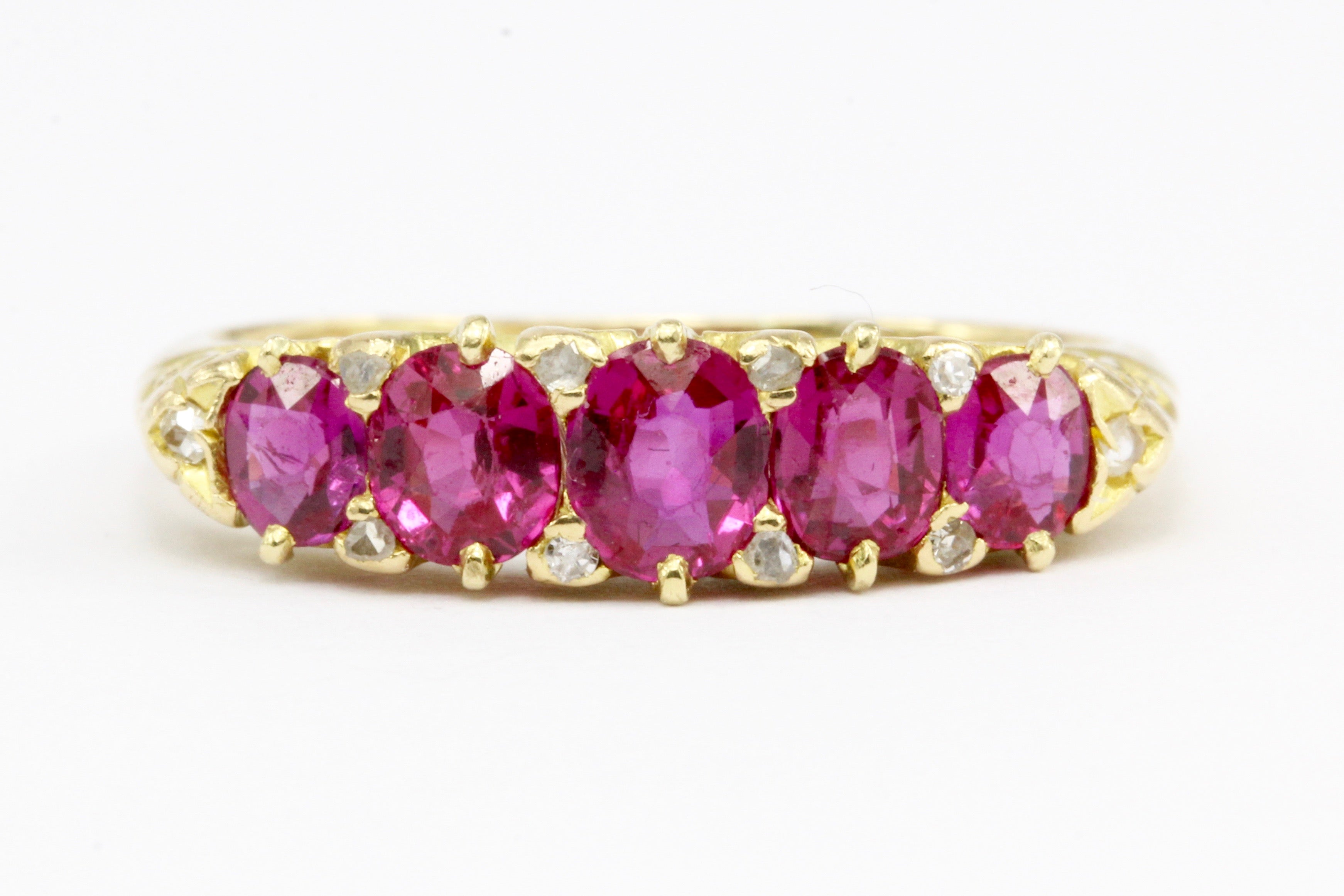 Victorian 18K Yellow Gold Natural No Heat Burma Pink Sapphire Five Stone Half Band Ring Size 7 - Queen May