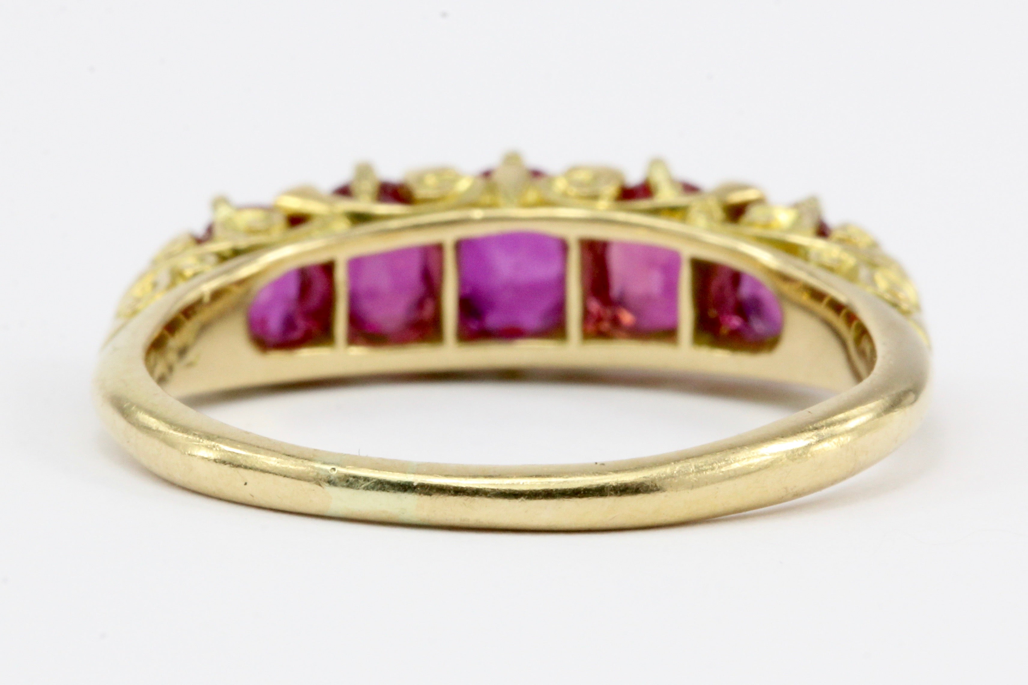 Victorian 18K Yellow Gold Natural No Heat Burma Pink Sapphire Five Stone Half Band Ring Size 7 - Queen May