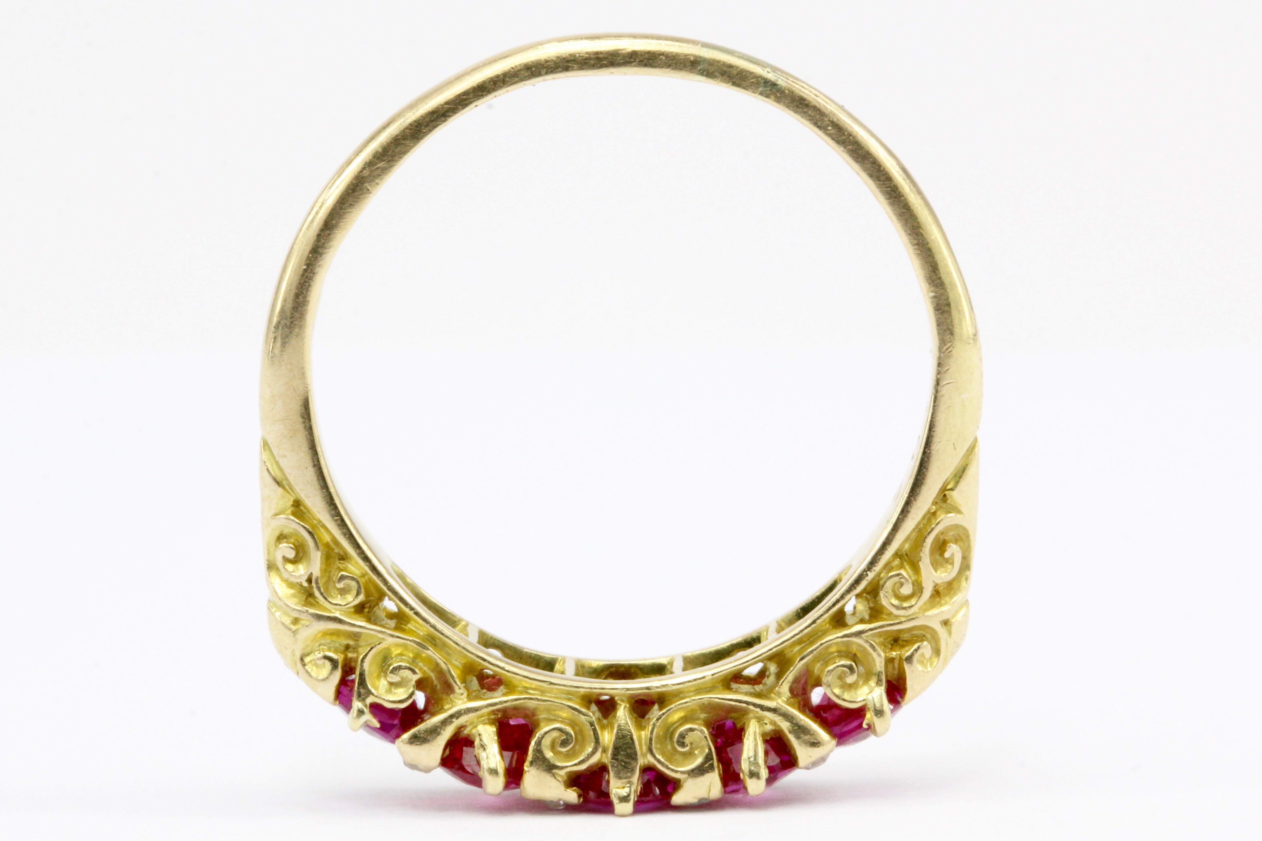 Victorian 18K Yellow Gold Natural No Heat Burma Pink Sapphire Five Stone Half Band Ring Size 7 - Queen May