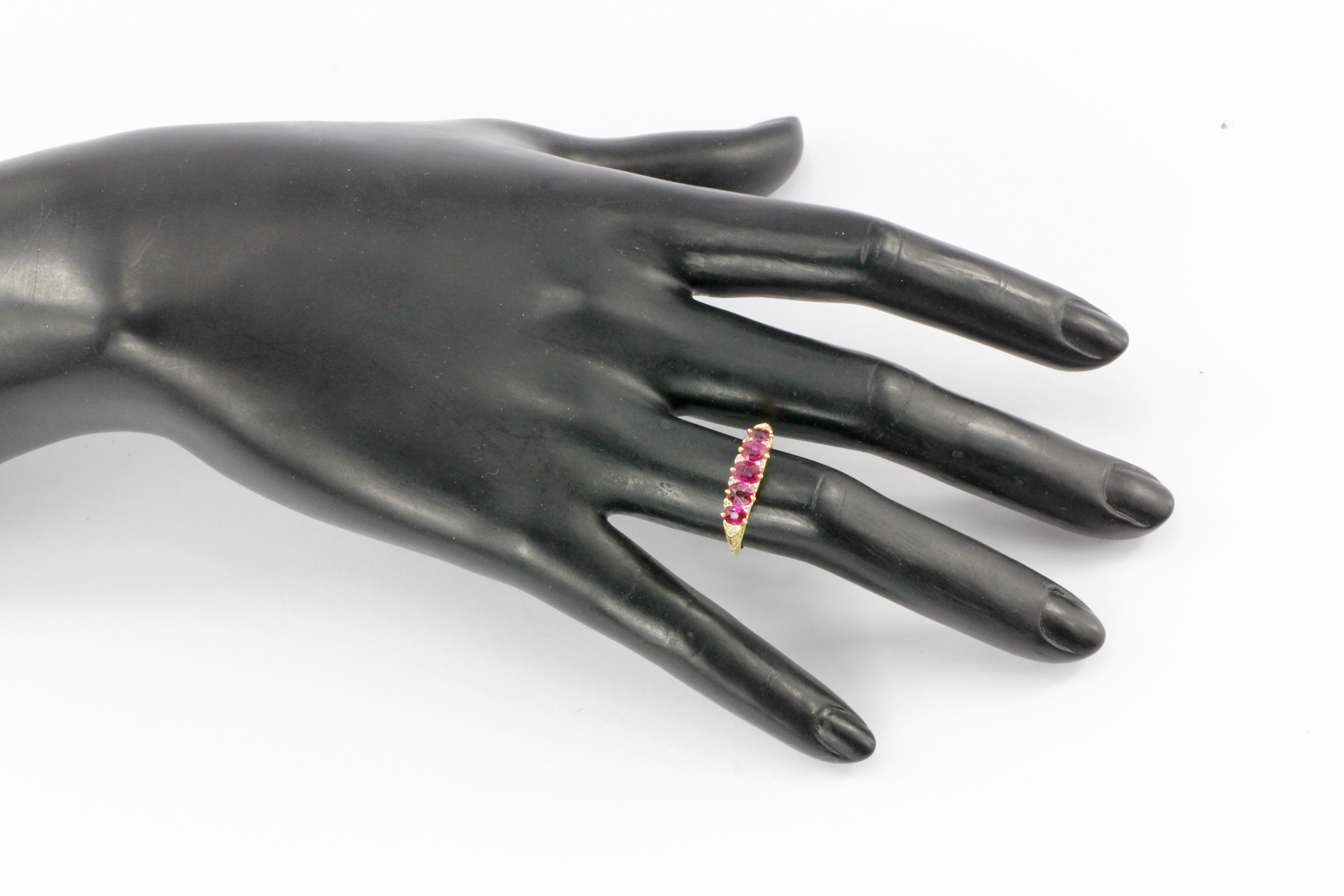 Victorian 18K Yellow Gold Natural No Heat Burma Pink Sapphire Five Stone Half Band Ring Size 7 - Queen May