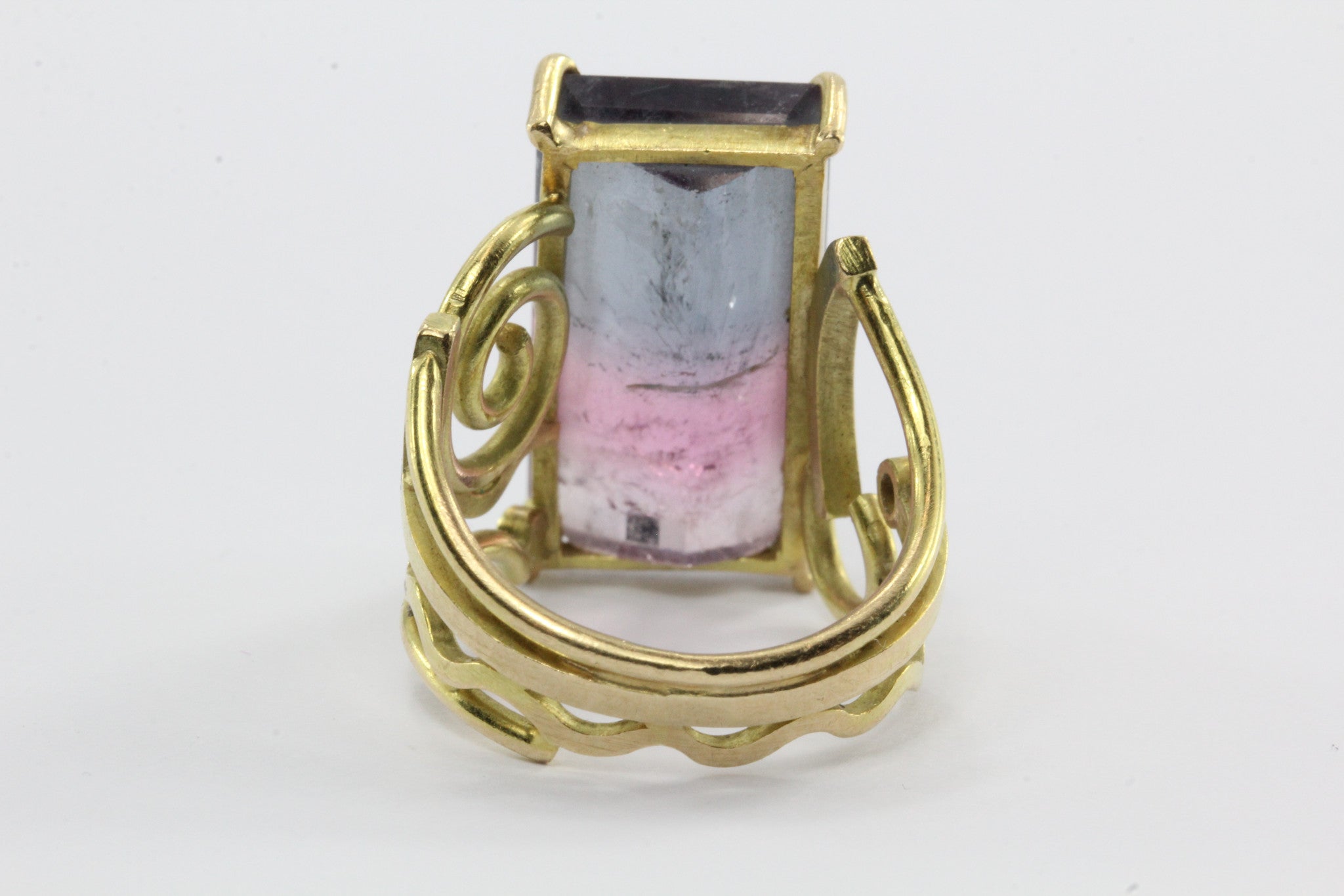 14K Gold Large Post Modern Memphis PoMo Pink & Purple Watermelon Tourmaline Ring - Queen May